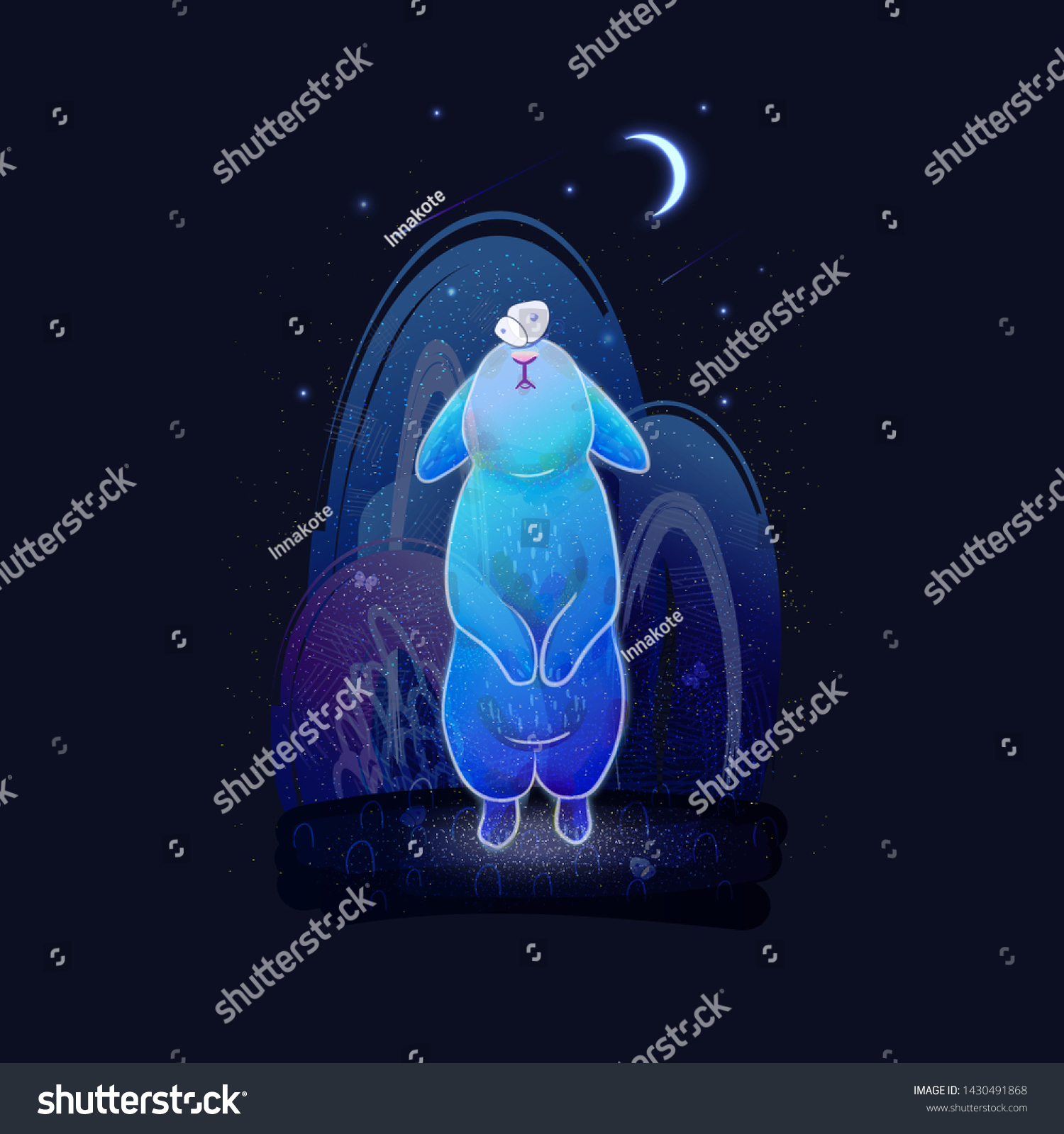 SVG of Vector starry night sky and a magical  transparante blue rabbit with a butterfly on its nose. Fairy forest, bright crescent, forest ghost and falling stars. svg
