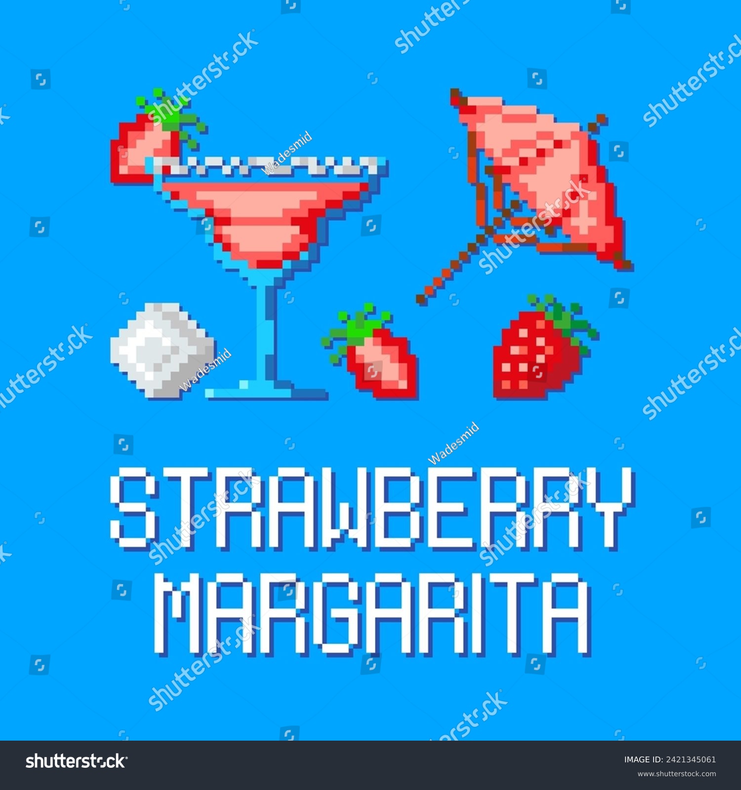 SVG of vector strawberry set of pixel icons of strawberry margarita and berries with ice, pink umbrella on a blue background svg