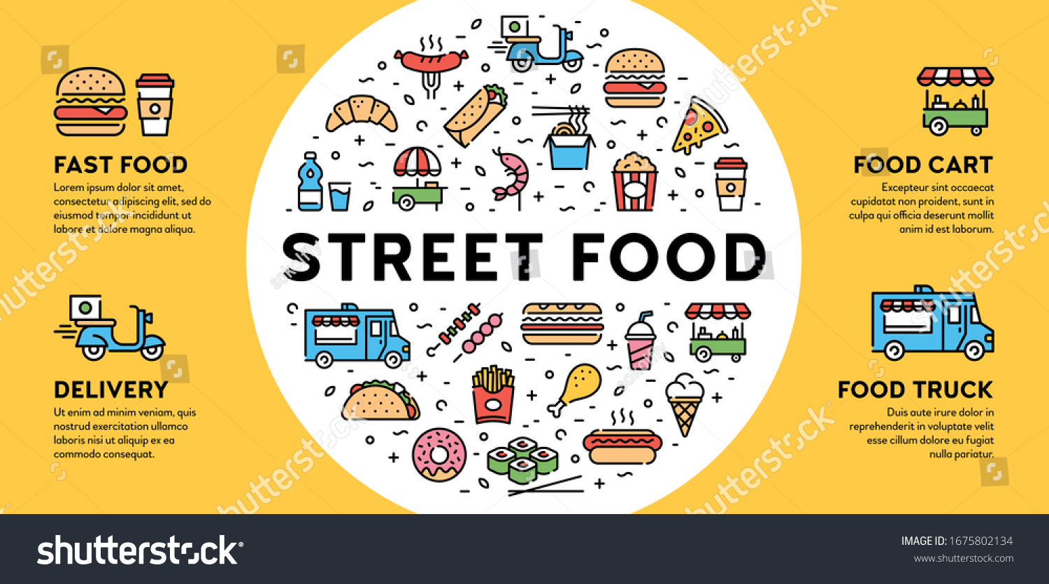 SVG of Vector street food banner concept with place for text. Line fastfood logo illustration. Flat take away background template. Modern icon flyer design for cafe, delivery, stall, restaurant, bar svg