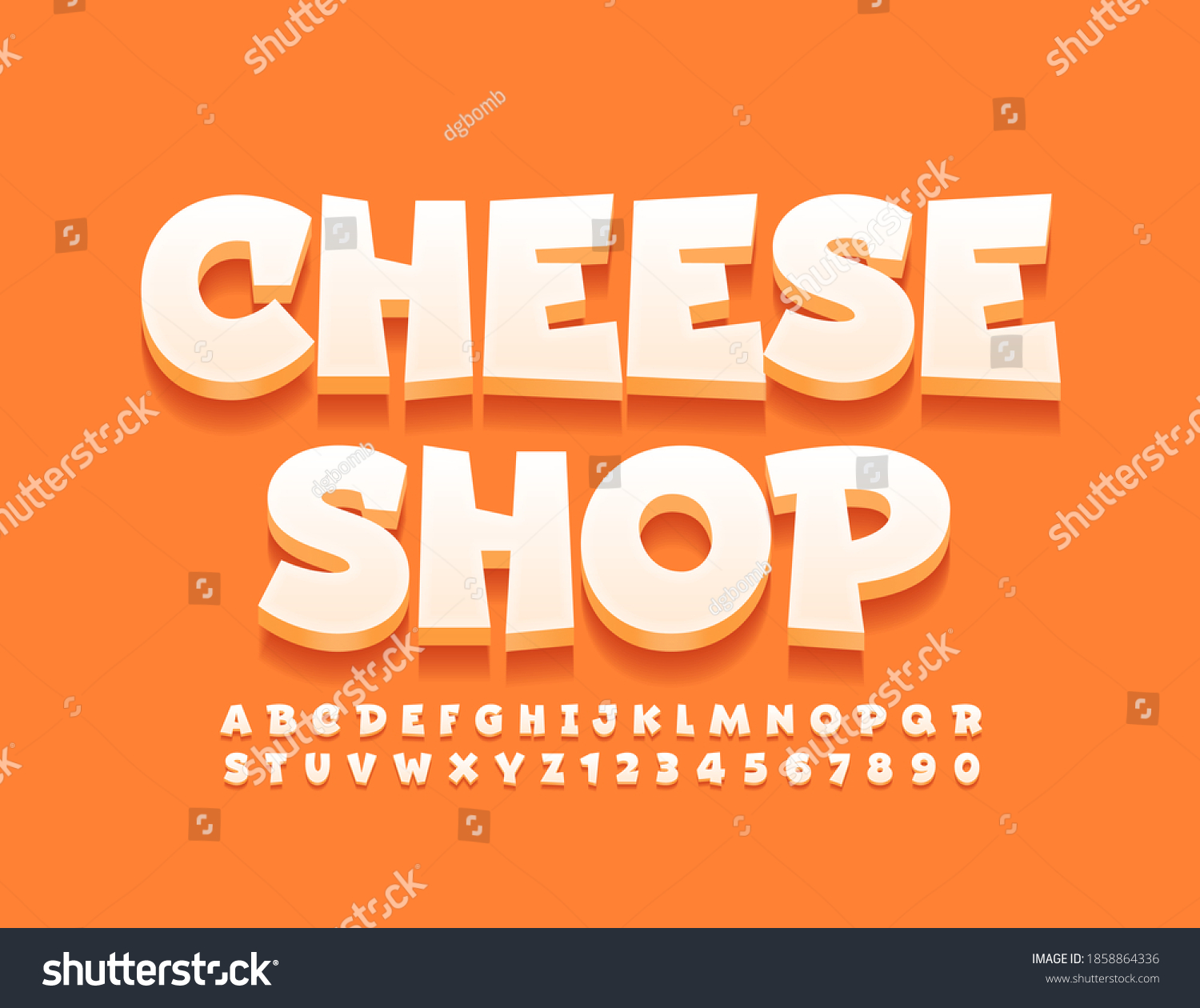 SVG of Vector stylish banner Cheeese Shop.  White Modern Font. 3D original Alphabet Letters and Numbers. svg