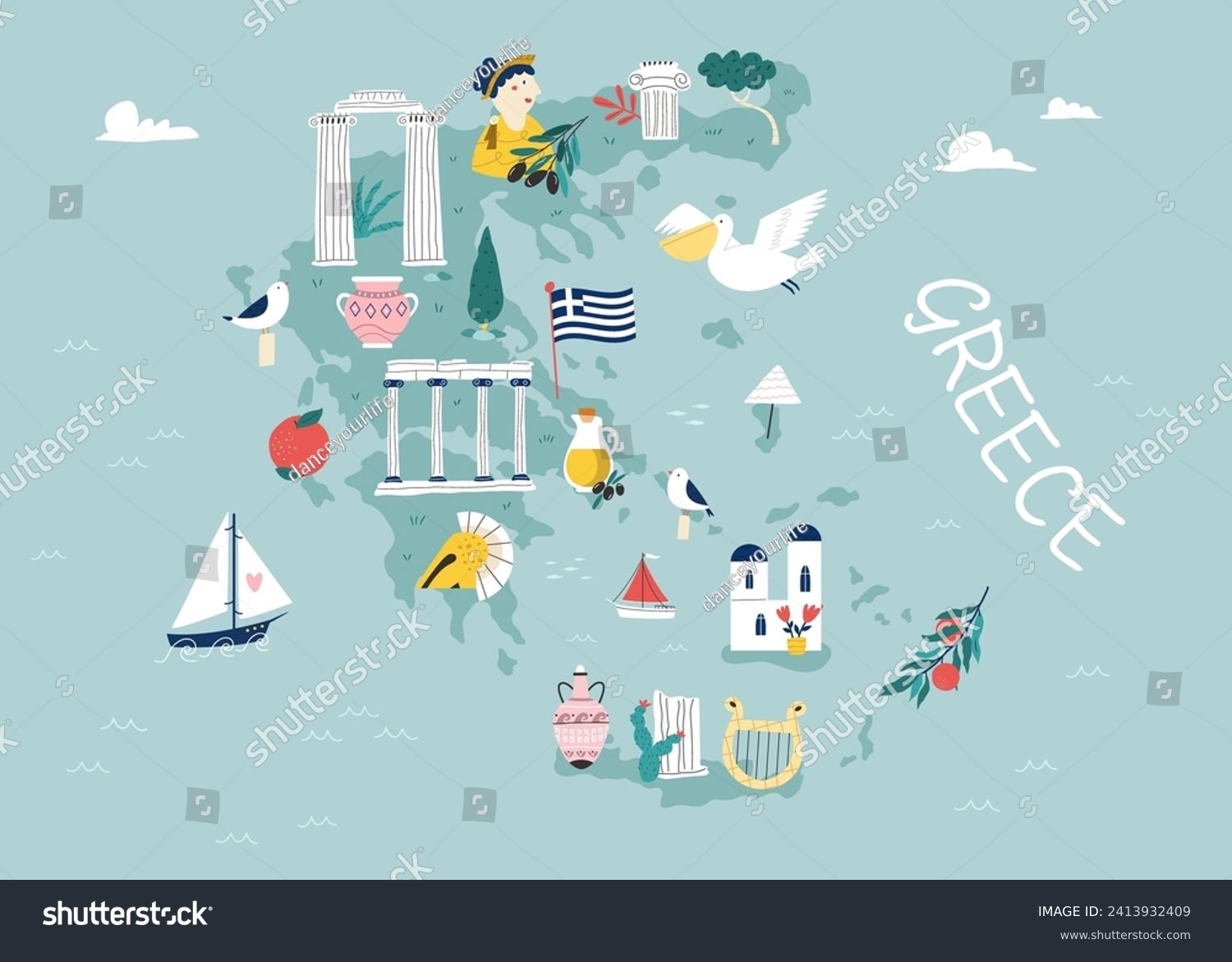 SVG of Vector stylized illustrated map of Greece with famous landmarks, places and symbols. Good for posters, frame art, travel leaflets, magazines, souvenirs svg