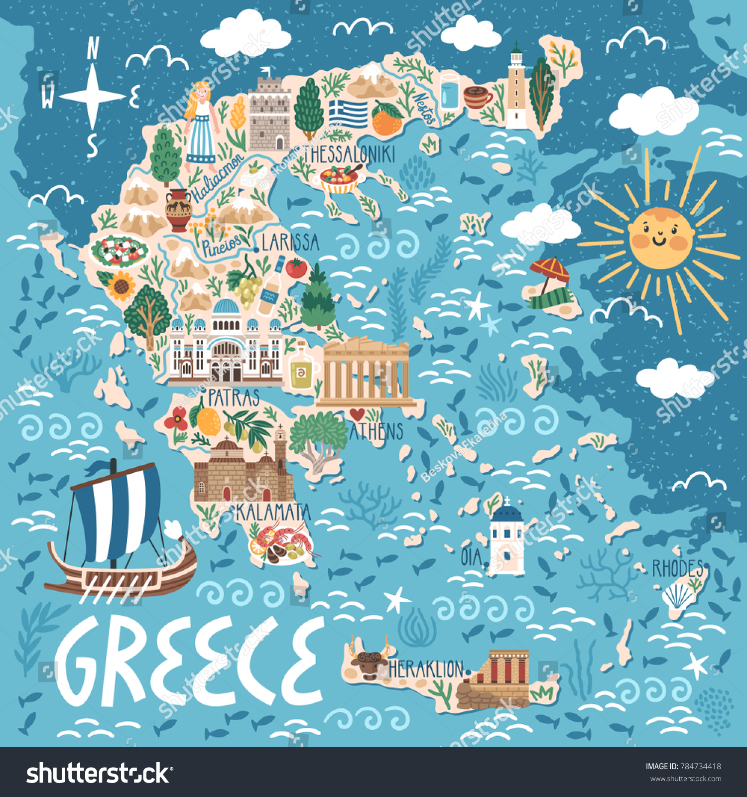 SVG of Vector stylized map of Greece. Travel illustration with greek landmarks, building, plants and traditional food. svg