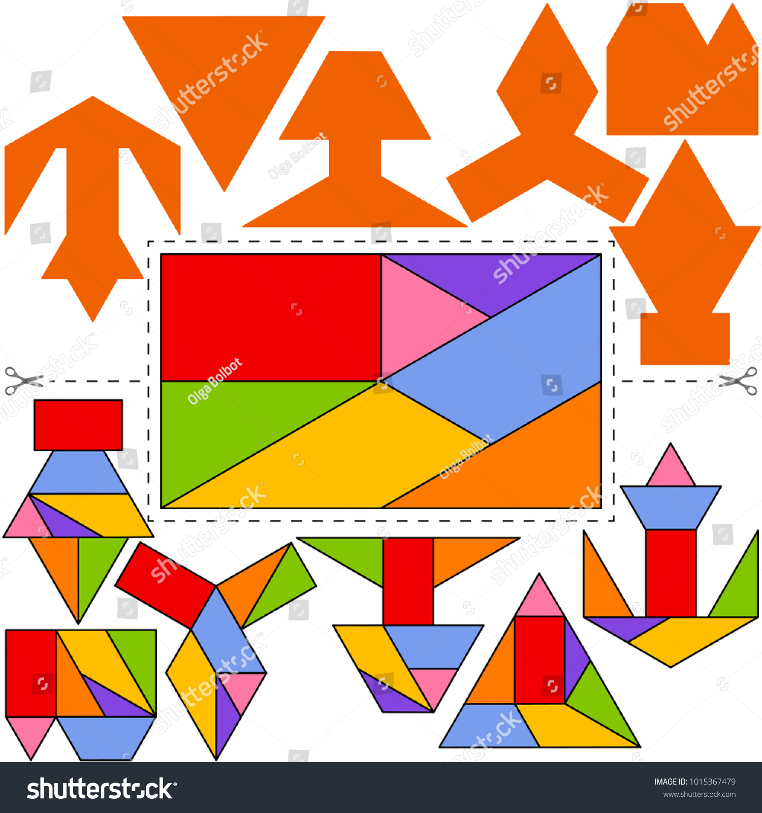 Vektor Tangram Sphinx Geometrisches Puzzle Kollektion Von 6 Objekten Und Antwortkarte Einzeln Auf Weissem Hintergrund Vektorgrafik