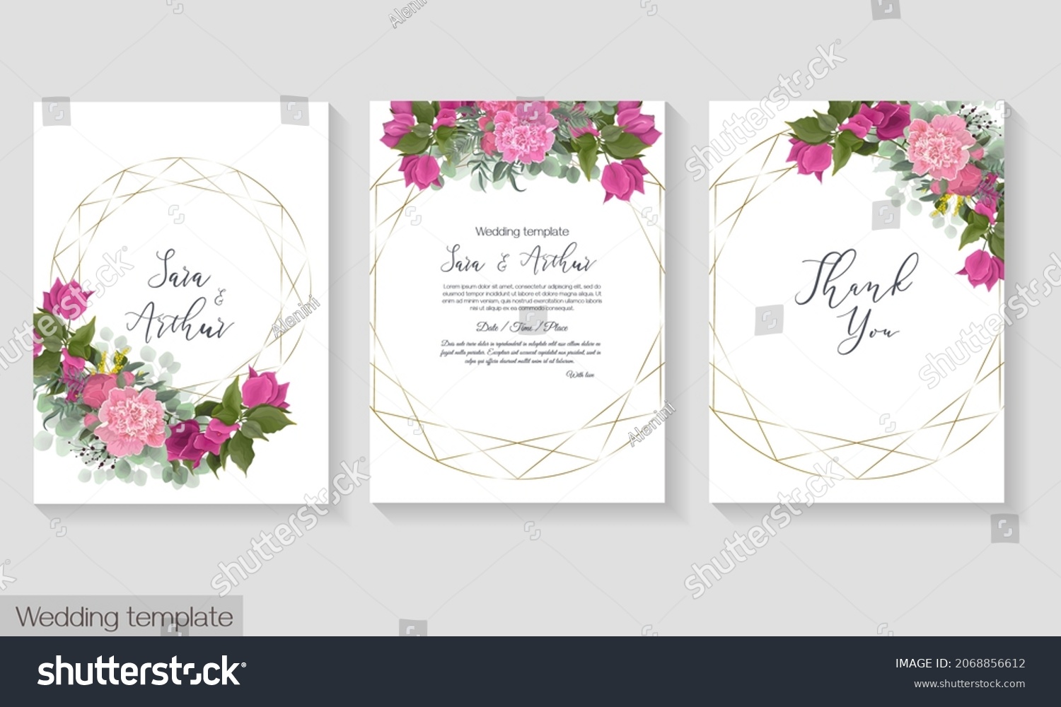 SVG of Vector template for wedding invitation. Round gold frame, peony flowers, Bougainvillea flower branches, berries, green leaves and plants.  svg