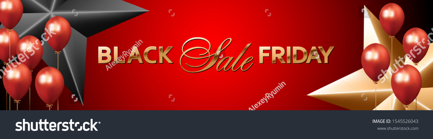 Vector template of banner or website header vector layout with Black Friday Sale golden text, red balloons, gold anf black stars on red gradient background.
