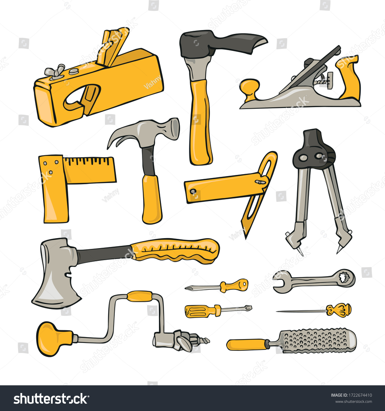 SVG of Vector tools for working on wood in cartoon style in gray and yellow tones svg
