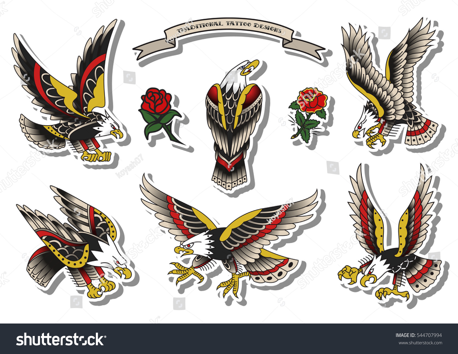 Vector Traditional Tattoo Eagles Set American Stock Vector 544707994