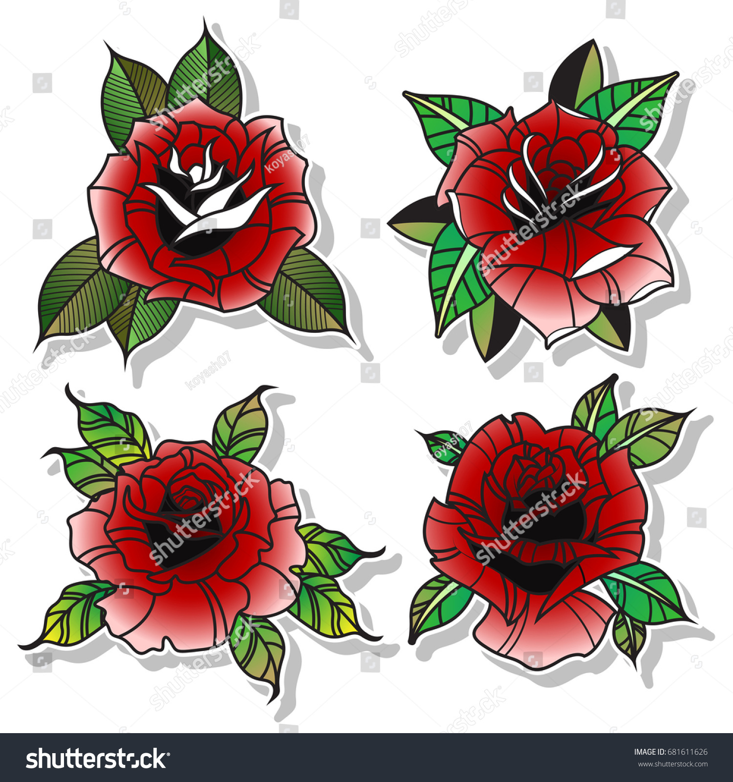 Vector Traditional Tattoo Red Rose Set Stock Vector 681611626 ...