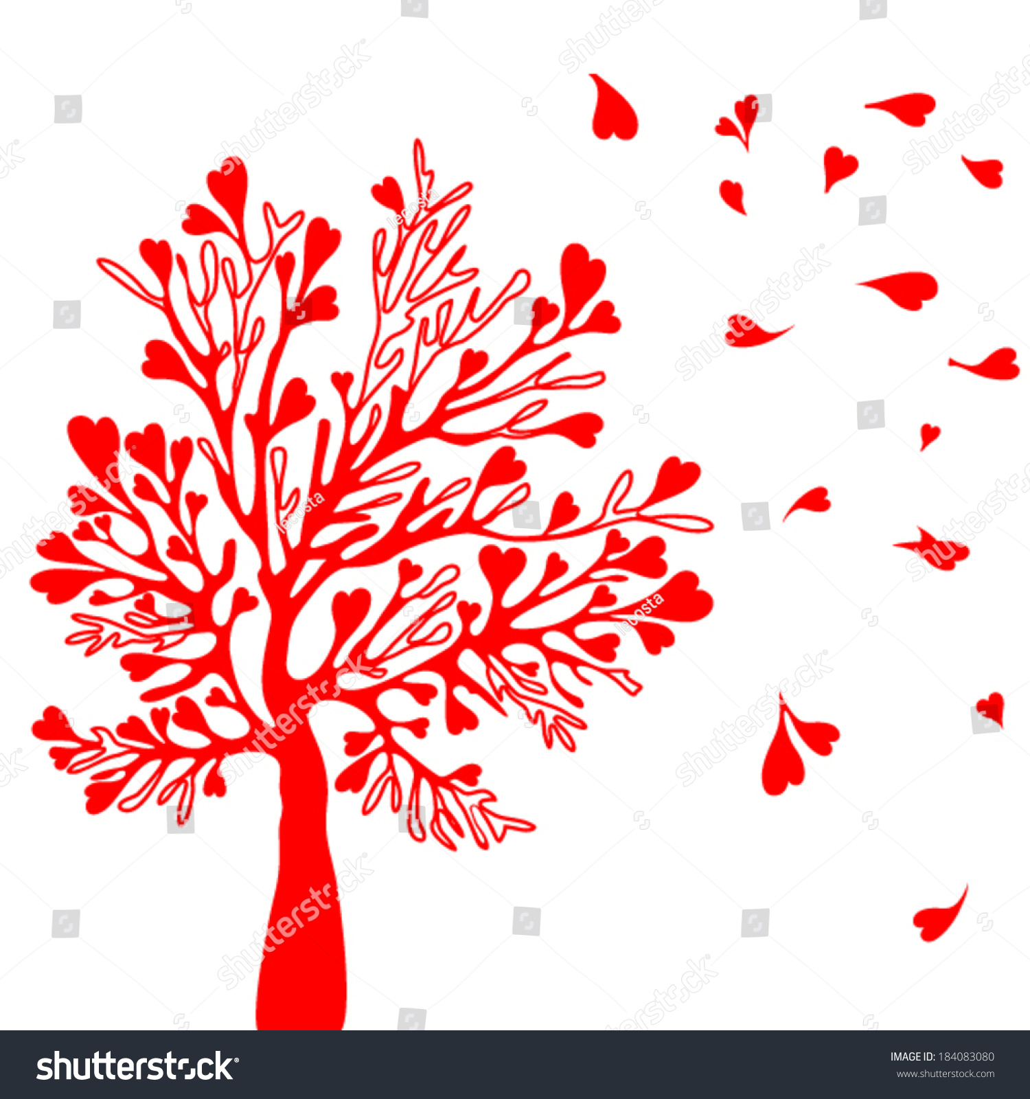 Vector Tree Heart Shaped Leaves Blown Stock Vector (Royalty Free) 184083080