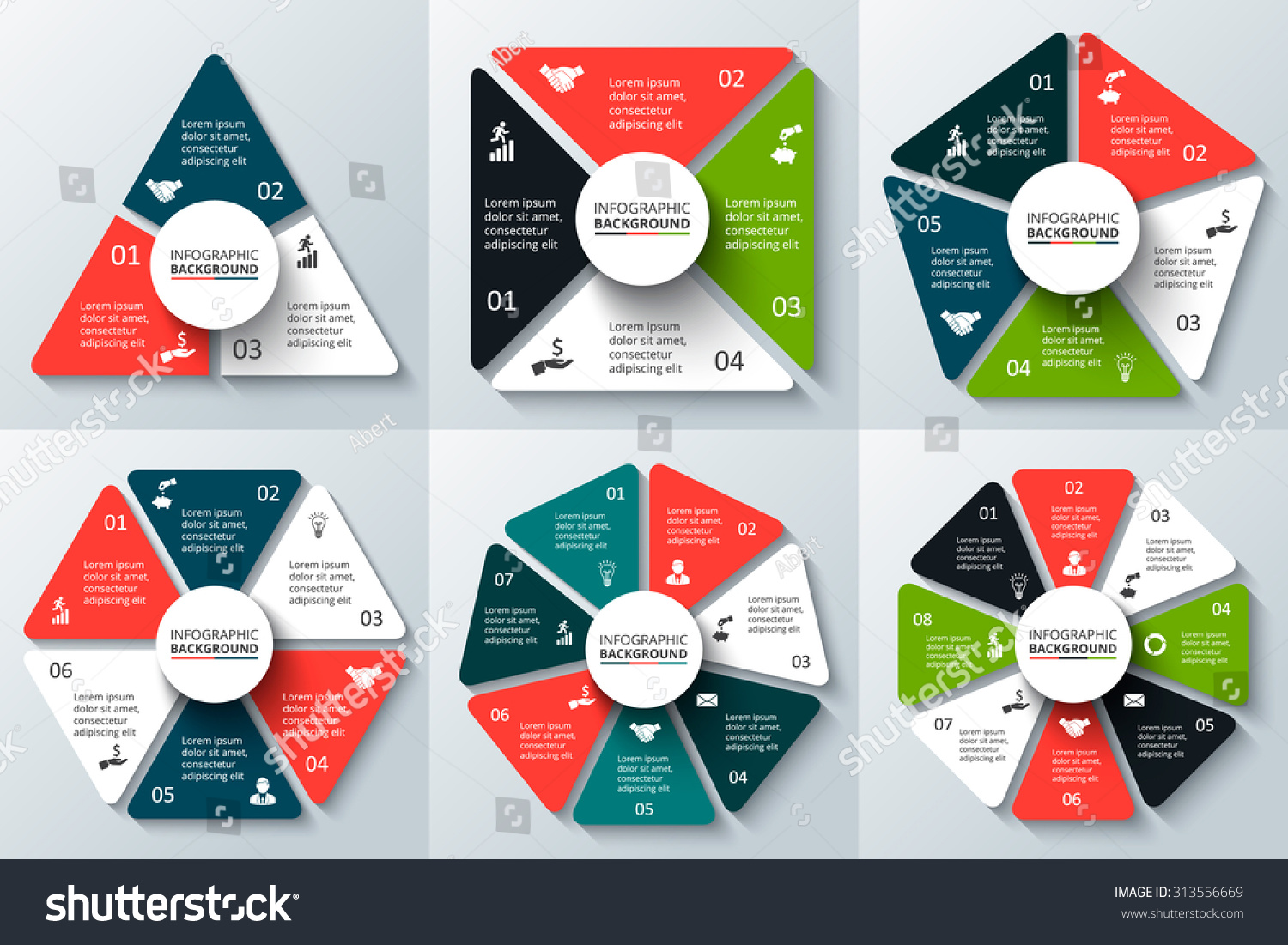 インフォグラフィック用のベクター三角形 正方形 五角形 六角形 七角形 八角形 循環図 グラフ およびグラフのテンプレート 3 4 5 6 7 8のオプション パーツ ステップを含むビジネスコンセプト のベクター画像素材 ロイヤリティフリー