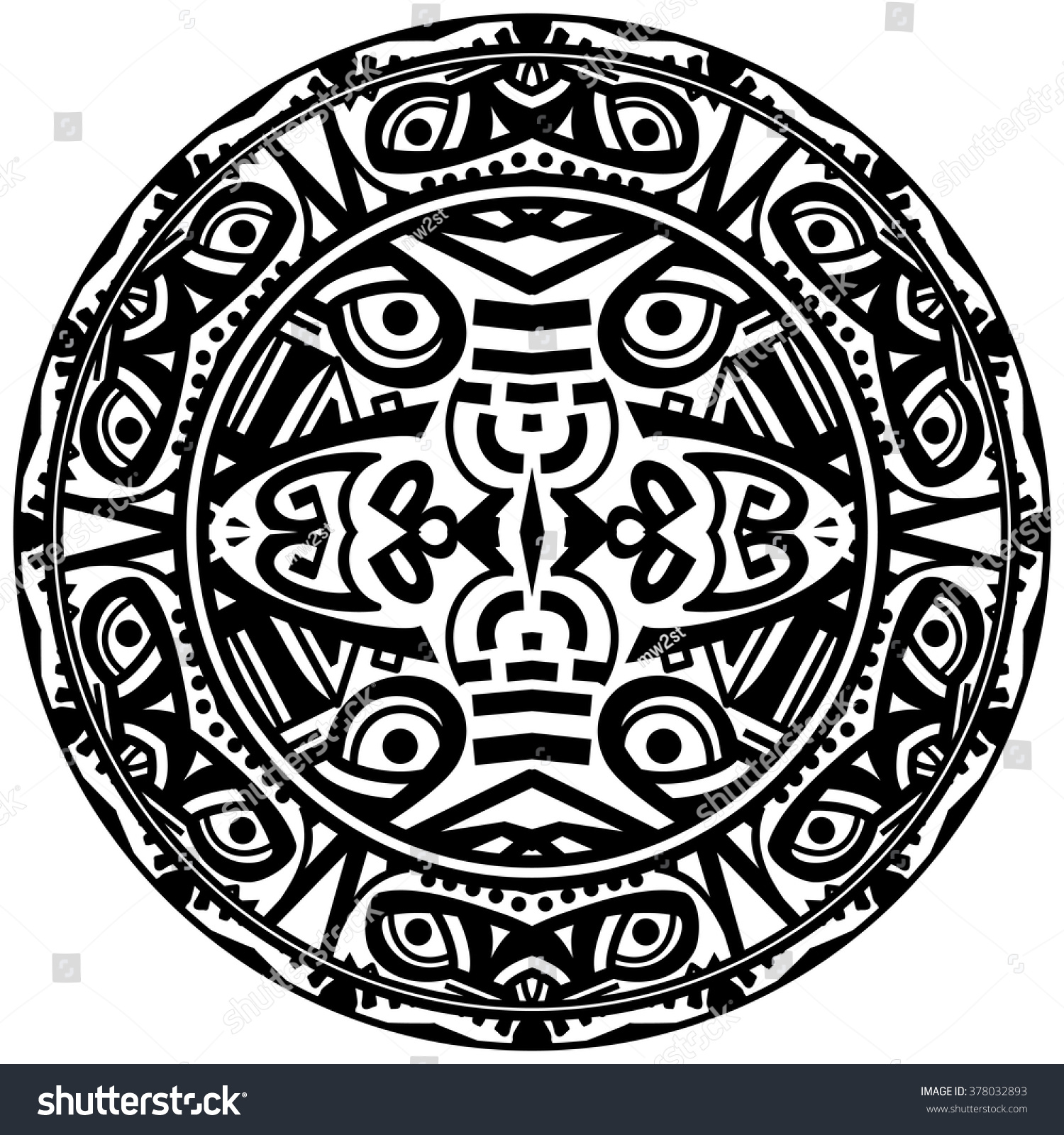 Vector Tribal Ornamental Circle Reminiscent Of The Aztec Calendar With ...