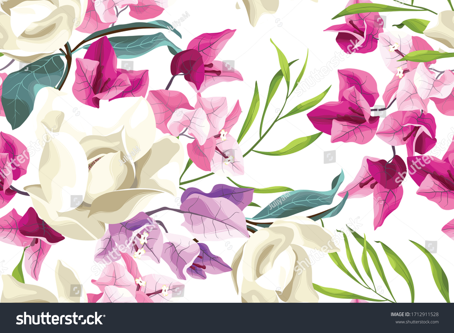 SVG of Vector tropical pattern with white magnolia flowers and pink bougainvillea. svg