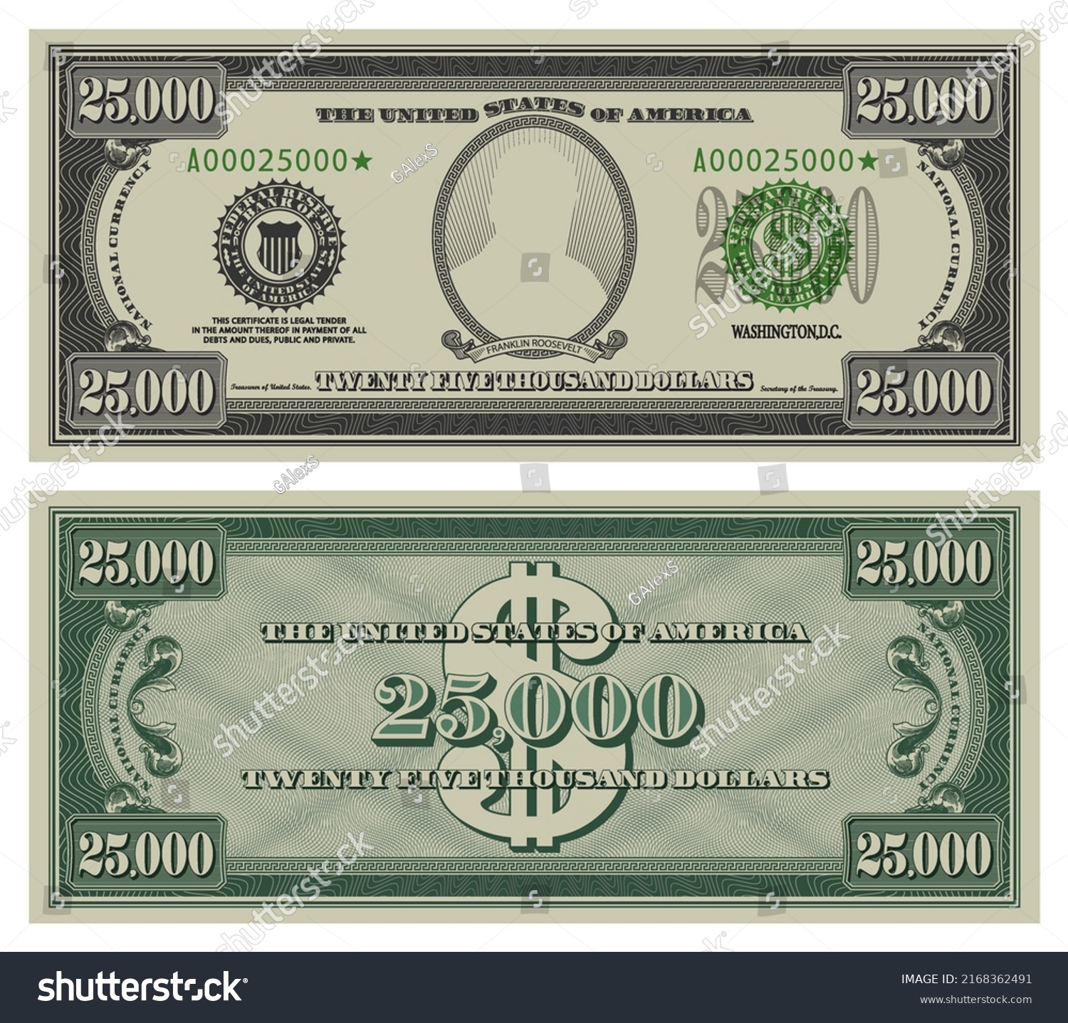 SVG of Vector twenty five thousand dollars banknote. Gray obverse and green reverse fictional US paper money in style of vintage american cash. Frame with guilloche mesh and bank seals. Franklin Roosevelt svg