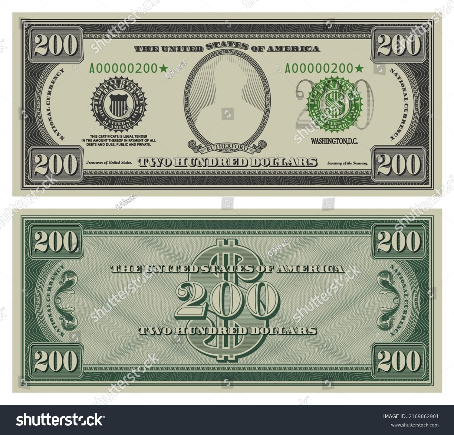 SVG of Vector two hundred dollars banknote. Gray obverse and green reverse fictional US paper money in style of vintage american cash. Frame with guilloche mesh and bank seals. Rutherford svg