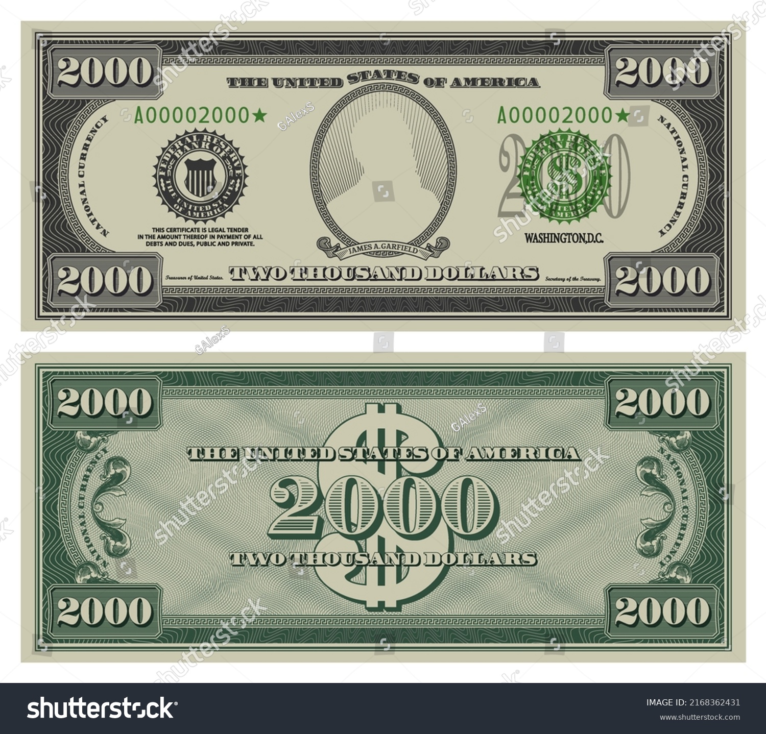 SVG of Vector two thousand dollars banknote. Gray obverse and green reverse fictional US paper money in style of vintage american cash. Frame with guilloche mesh and bank seals. James A. Garfield svg