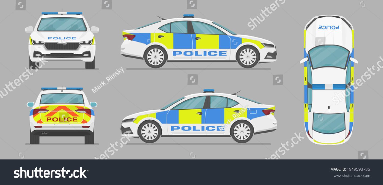 SVG of Vector UK sedan auto. English police car. Side view, front view, back view, top view. Cartoon flat illustration, auto for graphic and web svg