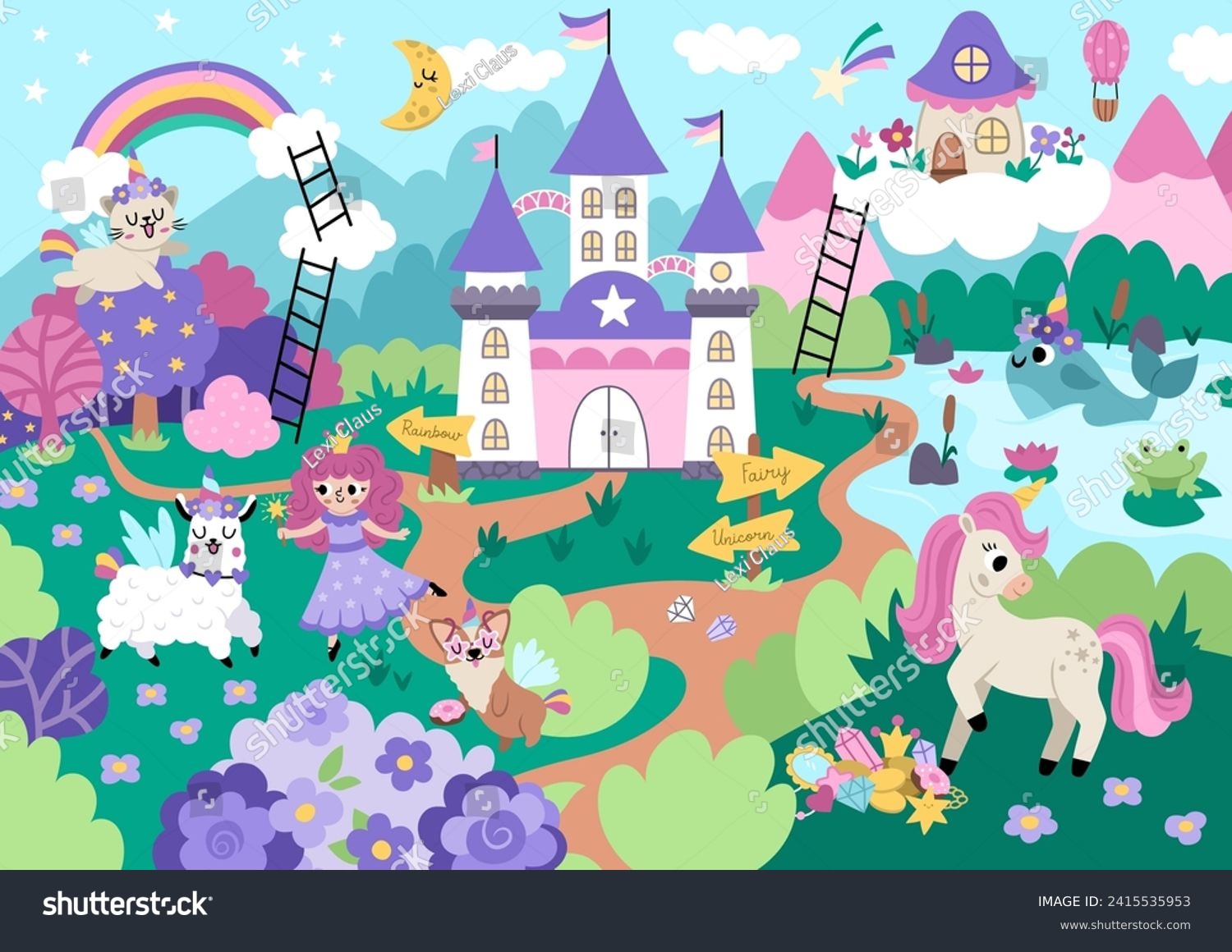 SVG of Vector unicorn themed landscape illustration. Fairytale scene with characters, castle, rainbow, forest. Magic nature background with fairy, animals with horns. Fantasy world picture for kids
 svg