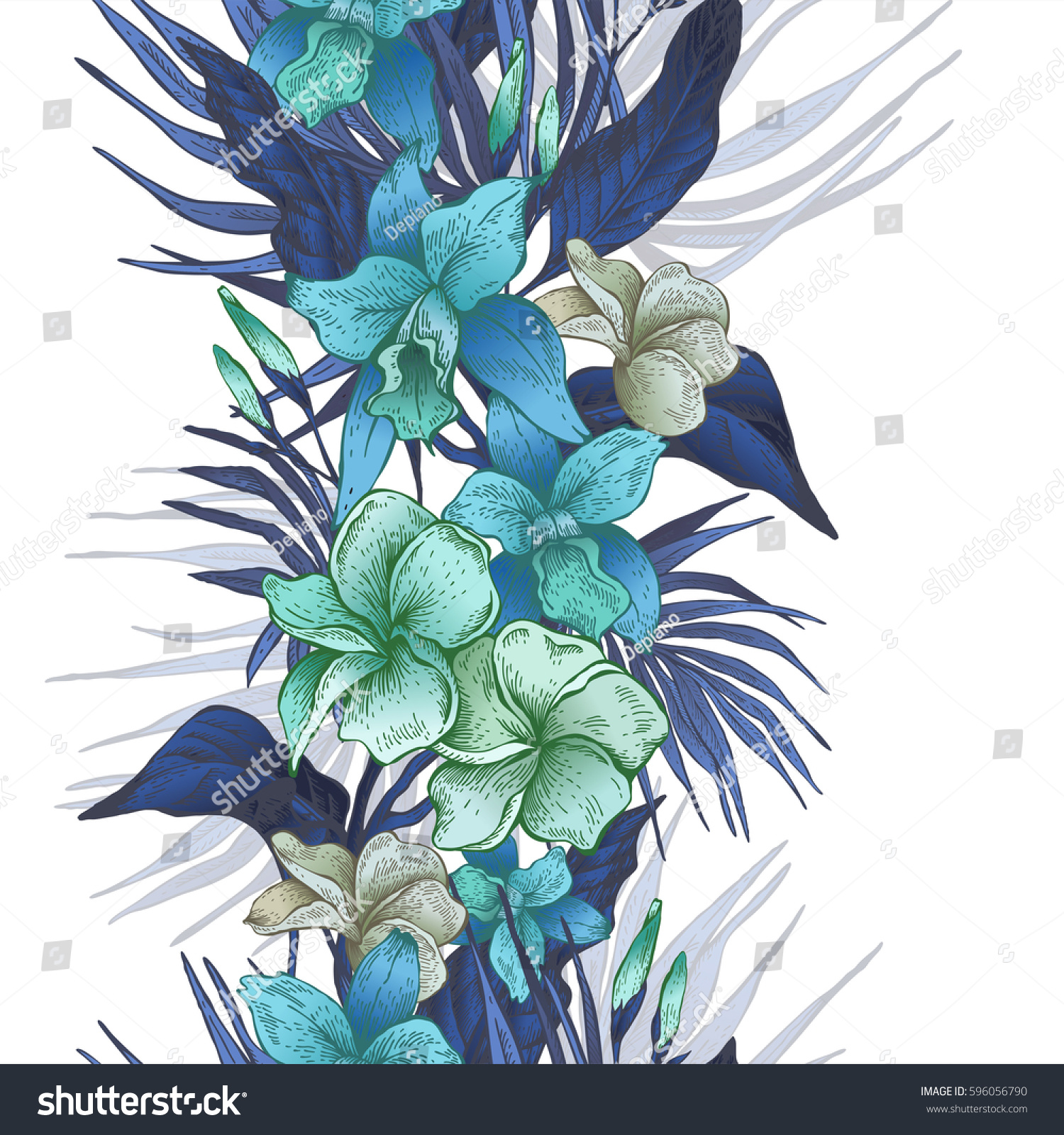 Exotic flowers in dark blue and green borders