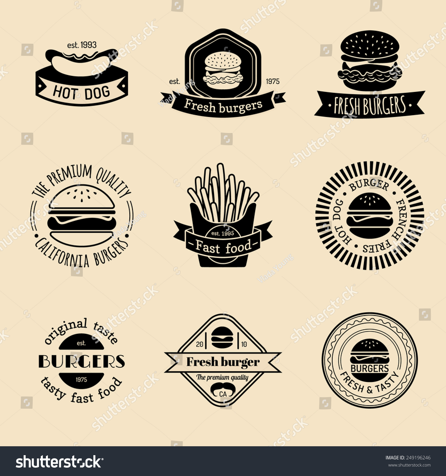 Download Vector Vintage Fast Food Logo Set Stock Vector (Royalty Free) 249196246 - Shutterstock