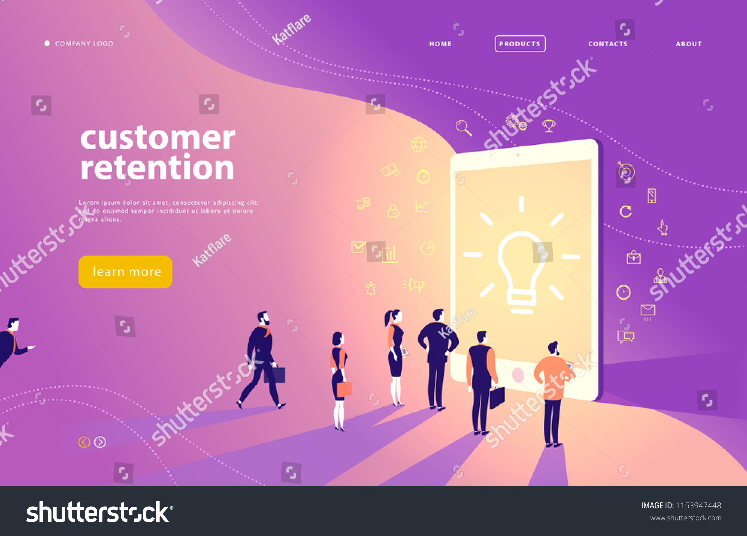 SVG of Vector web page concept design with customer retention theme - office people stand at big digital tablet screen. Landing page, mobile app, site template. Line art, business icons. Inbound marketing. svg