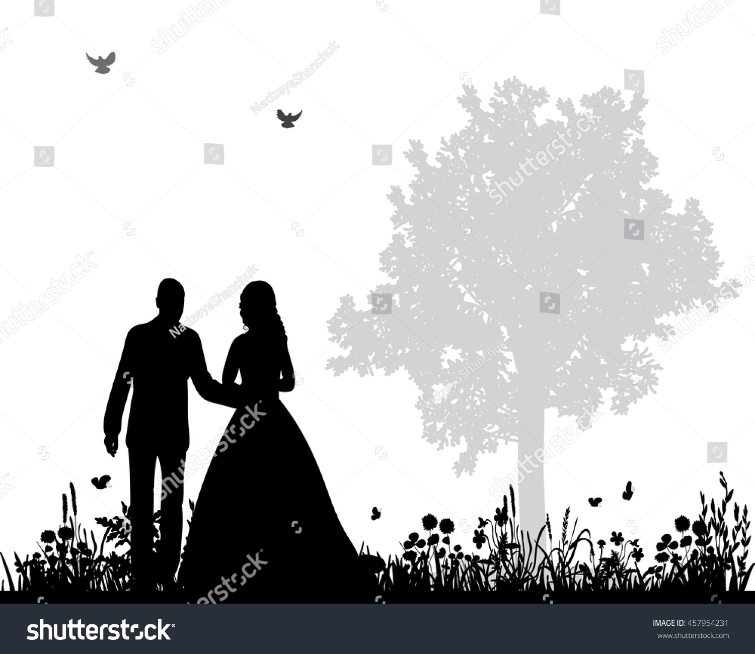 Vector Wedding Couple Silhouette Groom Bride Stock Vector 457954231 ...