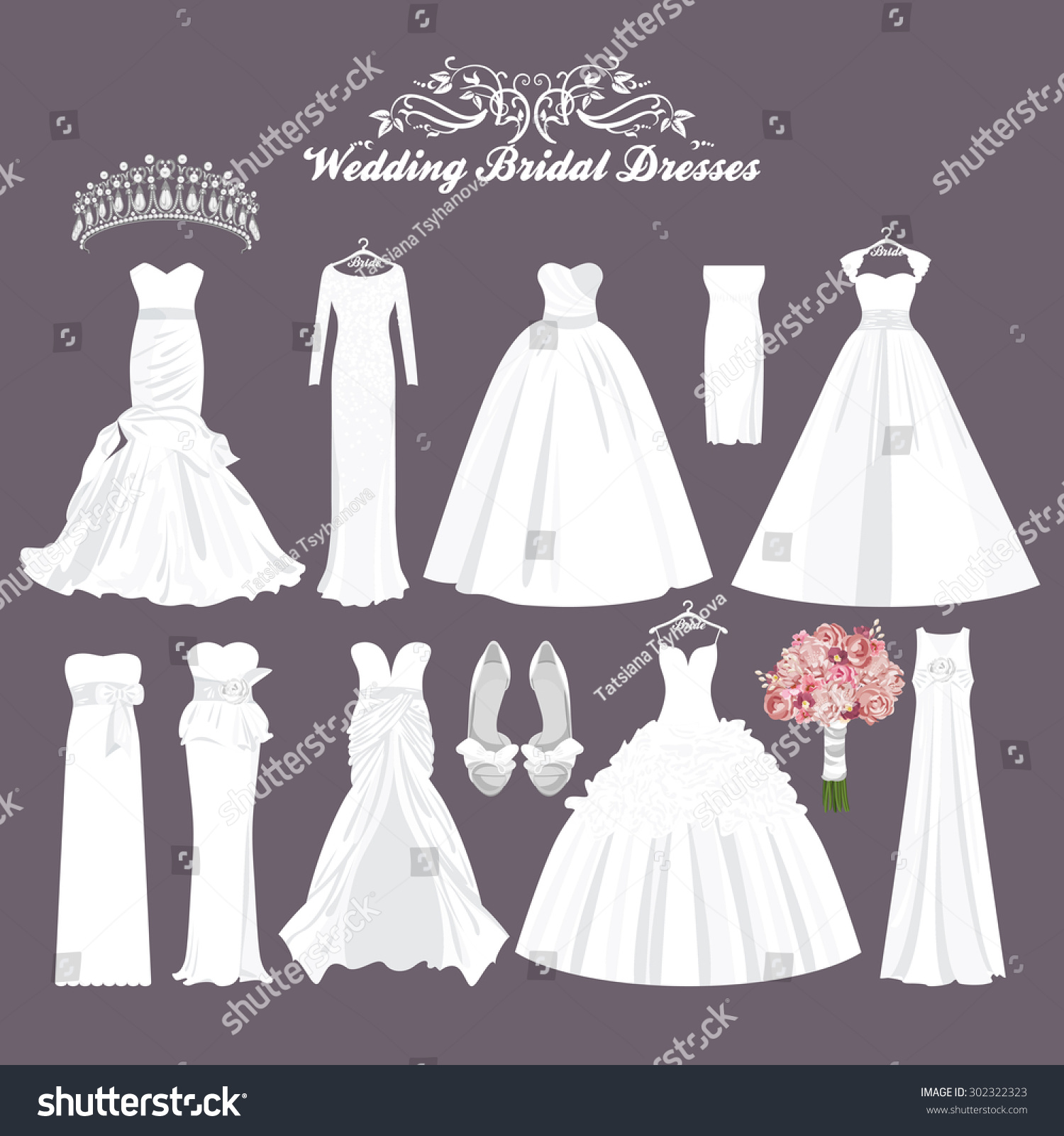 SVG of Vector wedding dresses in different styles.Fashion bride Dress. White dress, accessories set.  svg