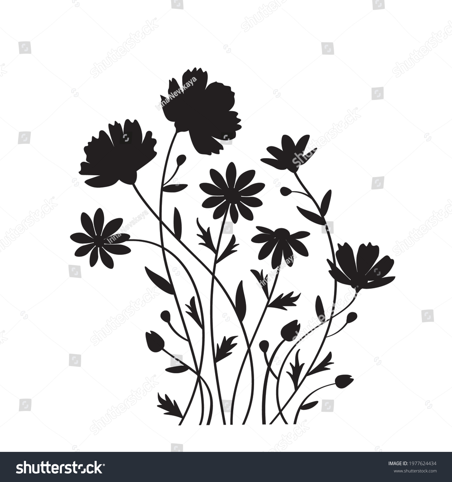 SVG of Vector wildflowers. Floral summer composition. Flowering, chamomile, buttercups, leaves. Botanical garden, nature, meadow. For seasonal home decor. SVG files svg