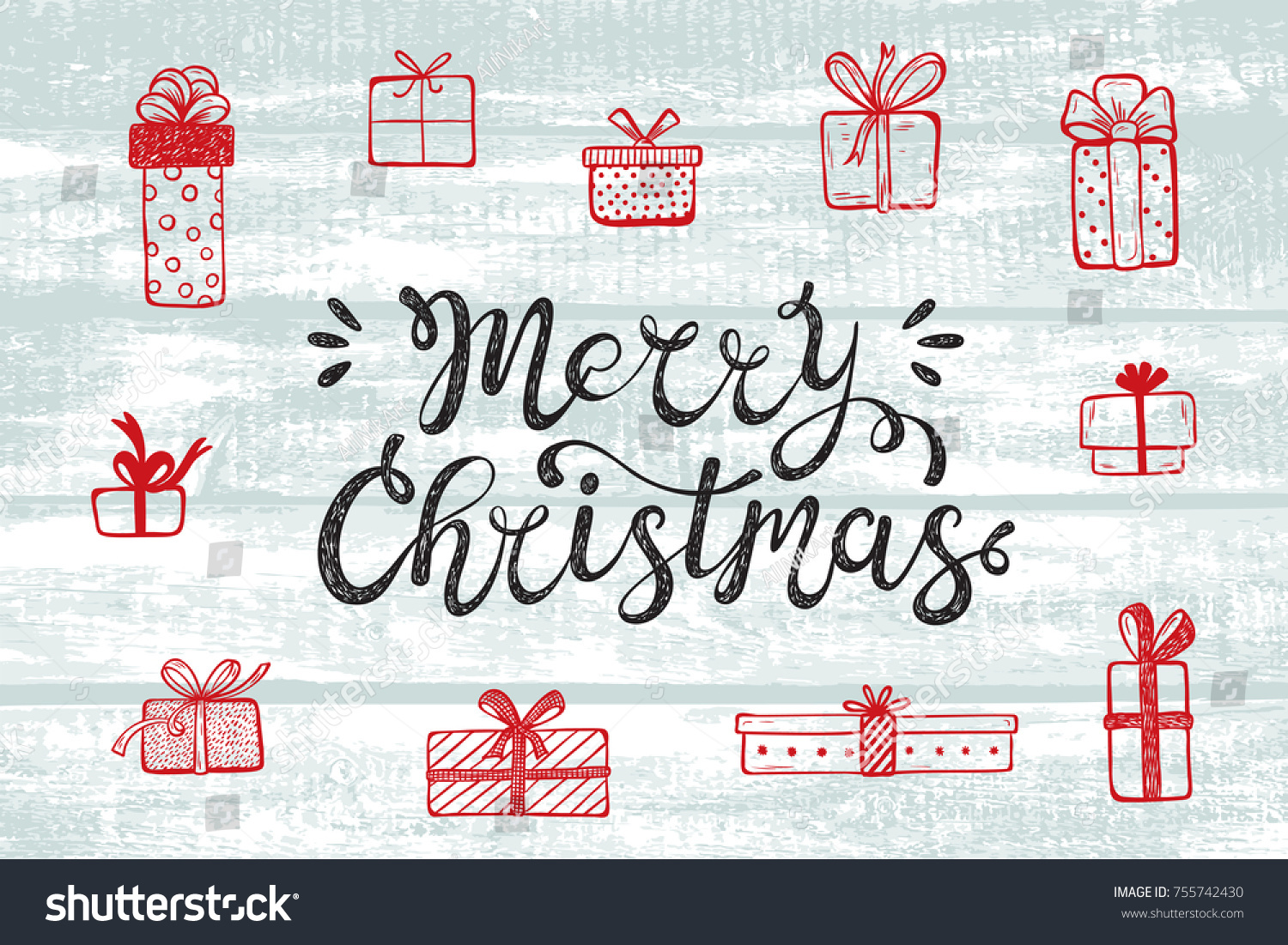 Vector Winter Light Blue Wooden background Merry Christmas greeting card with hand lettering calligraphic and