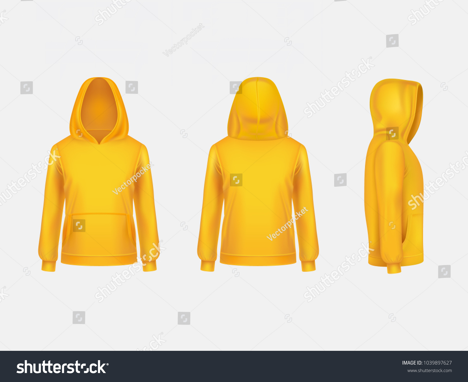 SVG of Vector yellow hoodie sweatshirt 3d realistic mockup template on white background. Fashion long sleeve, clothing hooded pullover front, back, side view. Unisex, women, men hoody, sportswear, outfit. svg