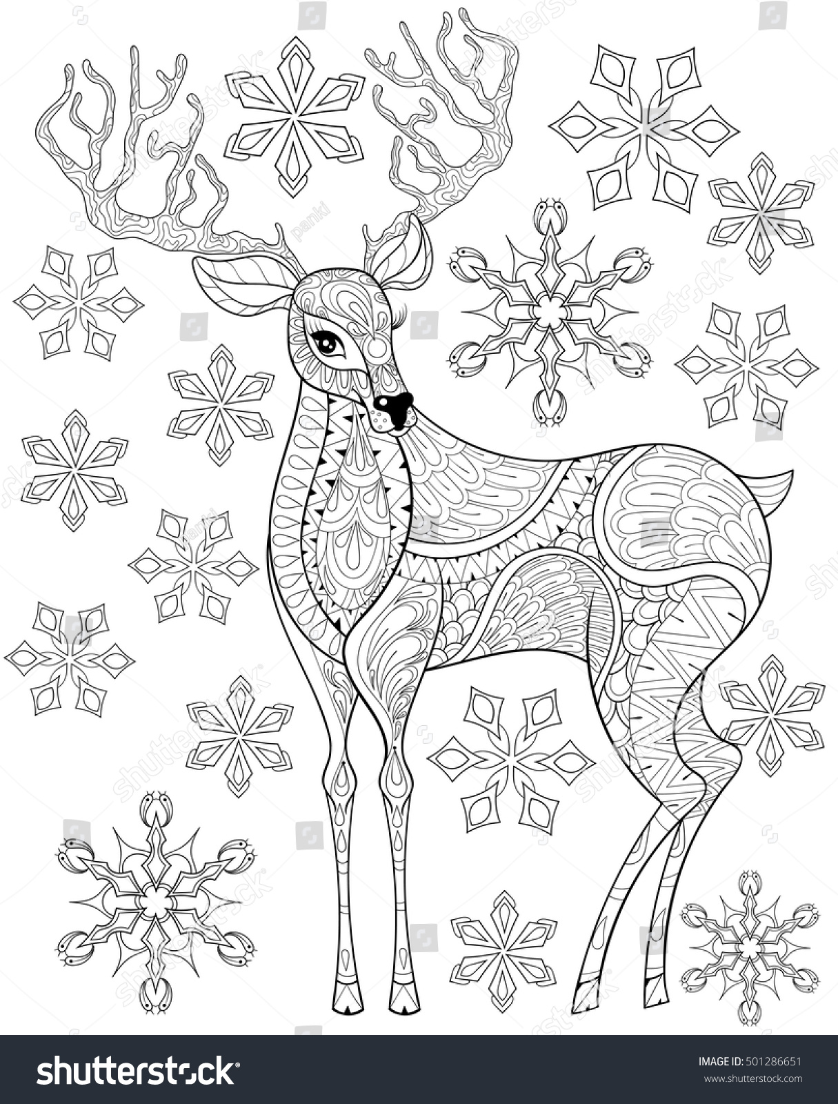 Vector Zentangle Christmas Reindeer On Snowflakes Stock  