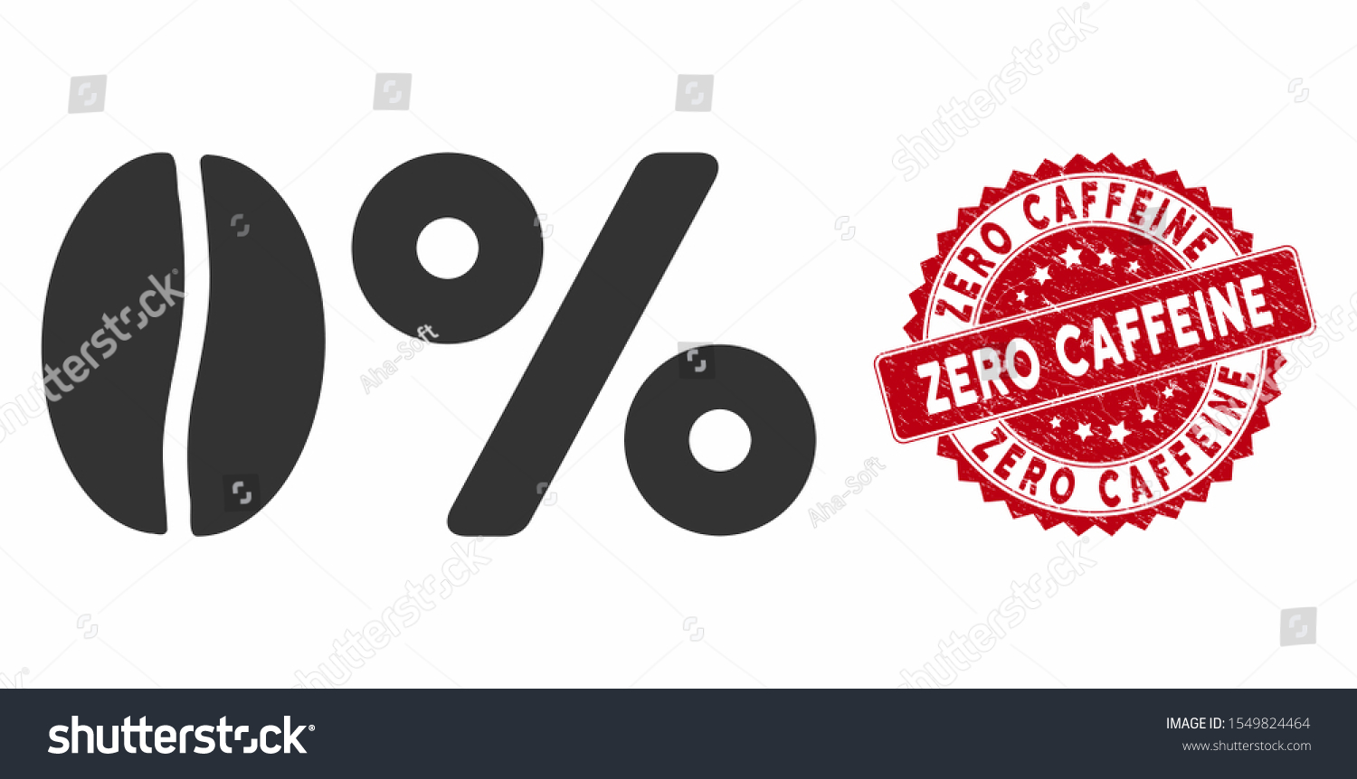 SVG of Vector zero caffeine icon and grunge round stamp seal with Zero Caffeine text. Flat zero caffeine icon is isolated on a white background. Zero Caffeine stamp seal uses red color and grunge surface. svg