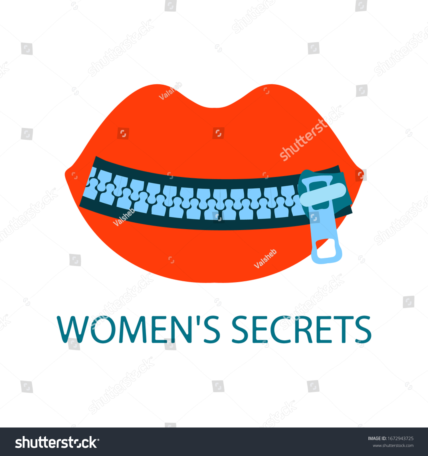 SVG of Vector zipper lock icon on top of the silhouette of scarlet full female lips. Text female secrets. Isolated white background, flat style illustration. Design element for logo, label, web banner, card svg