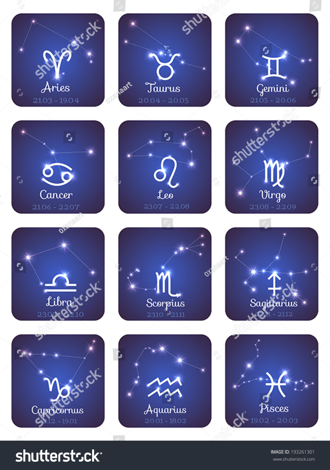 Vector Zodiac Horoscope Set With Symbol, Constellation, Calendar ...