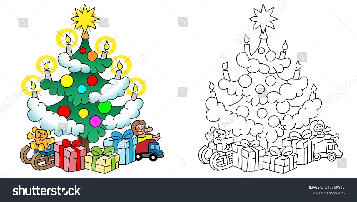 Vectorial Illustration Of Christmas Tree And Presents Around Coloring Book Page