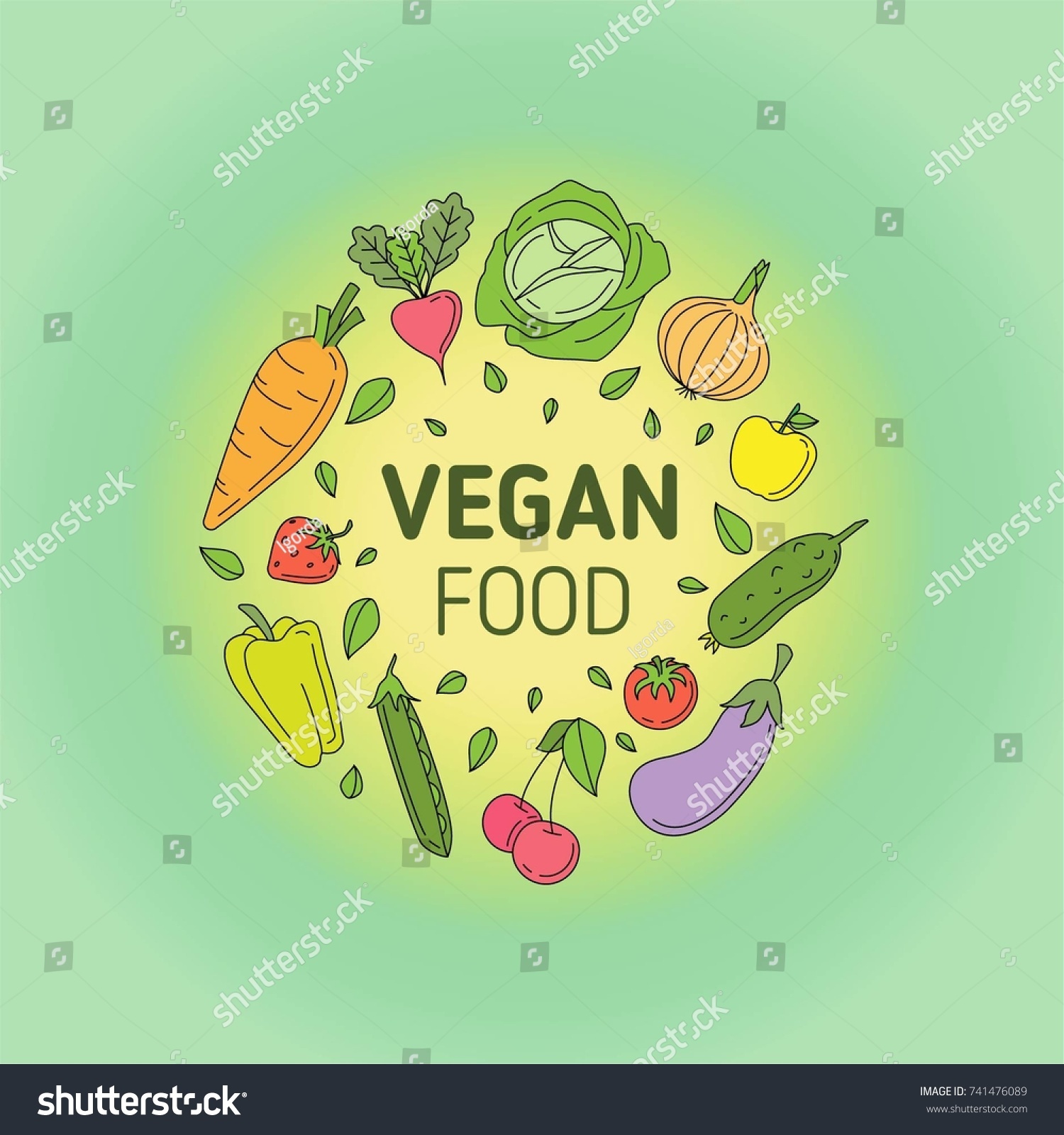 Vegan Food Illustration Vegetables Fruits Leaves Stock Vector (Royalty ...