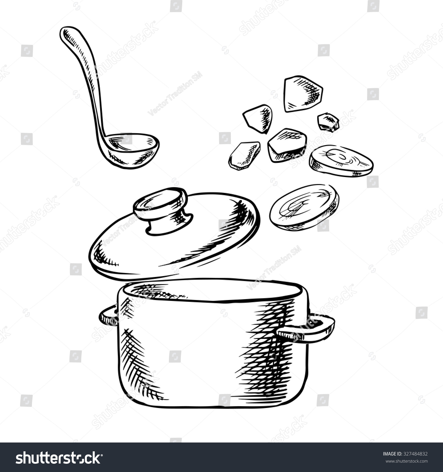 Vegetable Soup Cooking Process Sketch With Cooking Pot, Ladle And ...