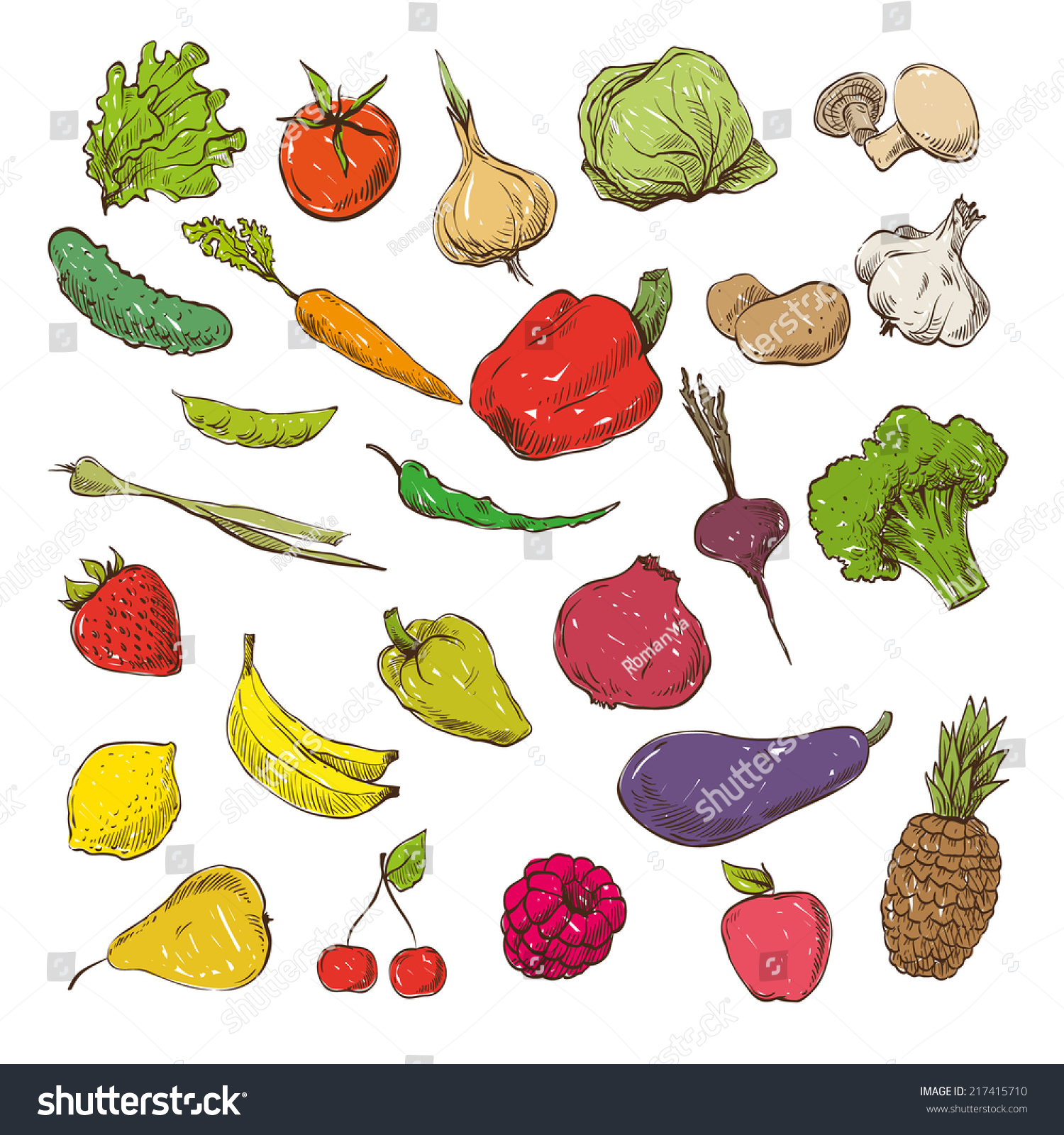 Vegetables Fruits Hand Drawn Vector Illustration Stock Vector (Royalty ...