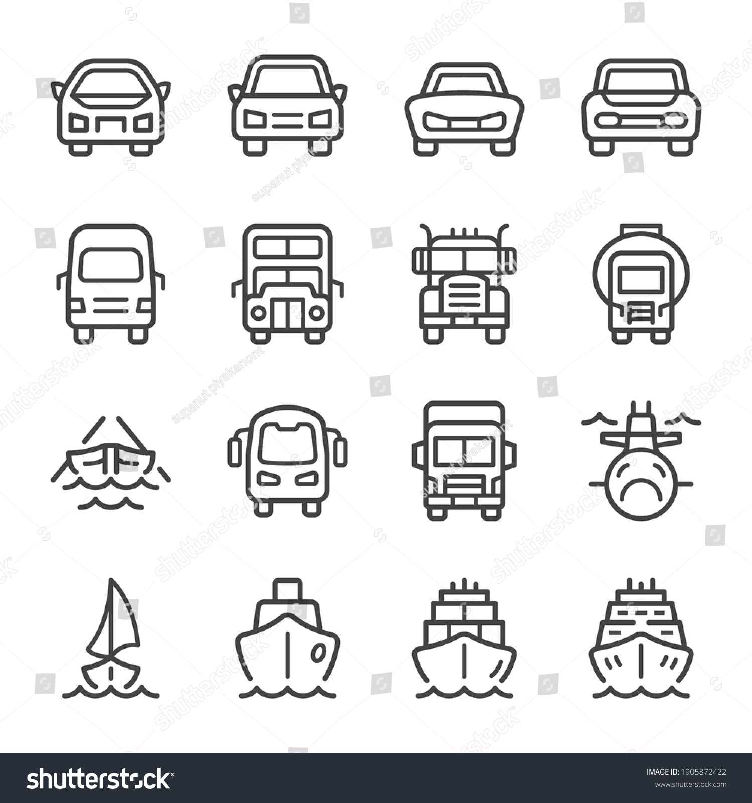 SVG of vehicle and transportation front view thin line icon set,vector and illustration svg