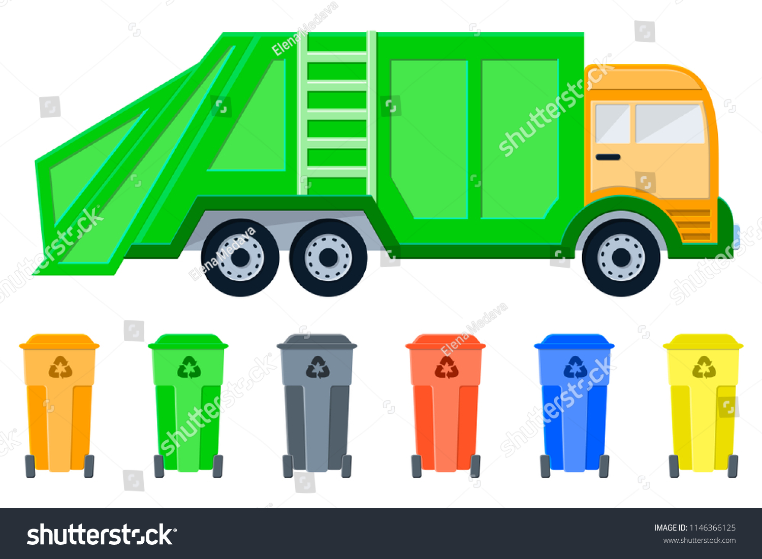 SVG of Vehicle garbage truck and dumpsters. Isolated on white background. Flat style vector illustration. Eps10 svg