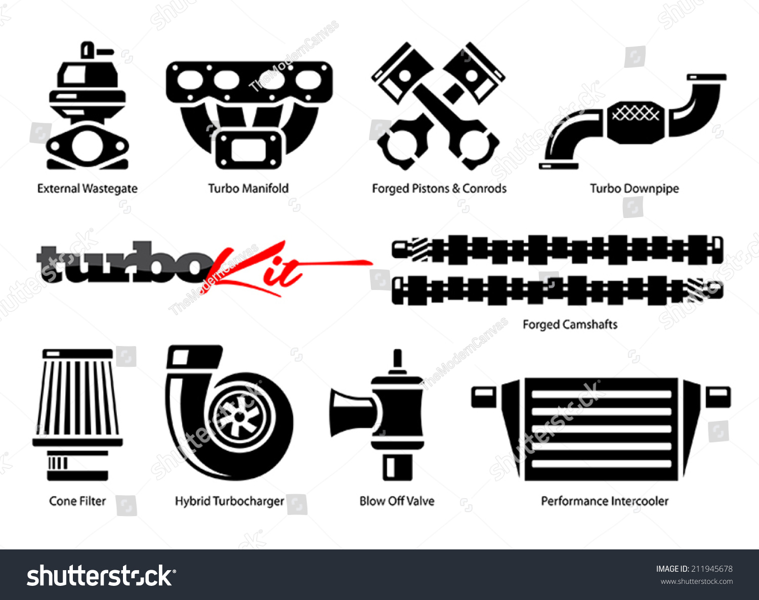 stock vector vehicle parts icons for high performance turbo kit 211945678