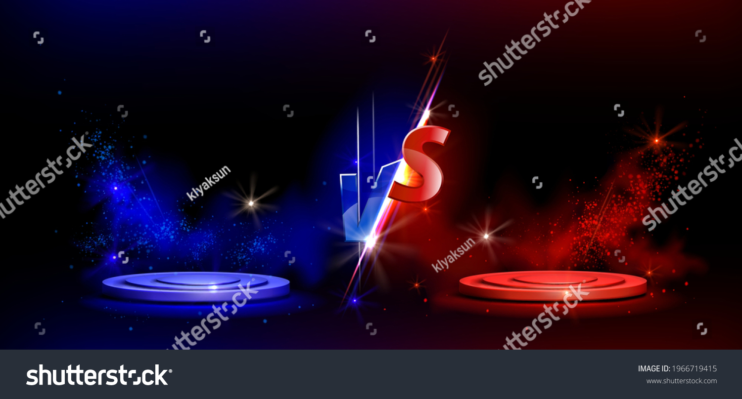 SVG of Versus VS sign with blue and red empty podiums or pedestals, glow sparks and smoke on black background. Sport confrontation, martial arts combat, fight competition or challenge, Realistic 3d vector svg
