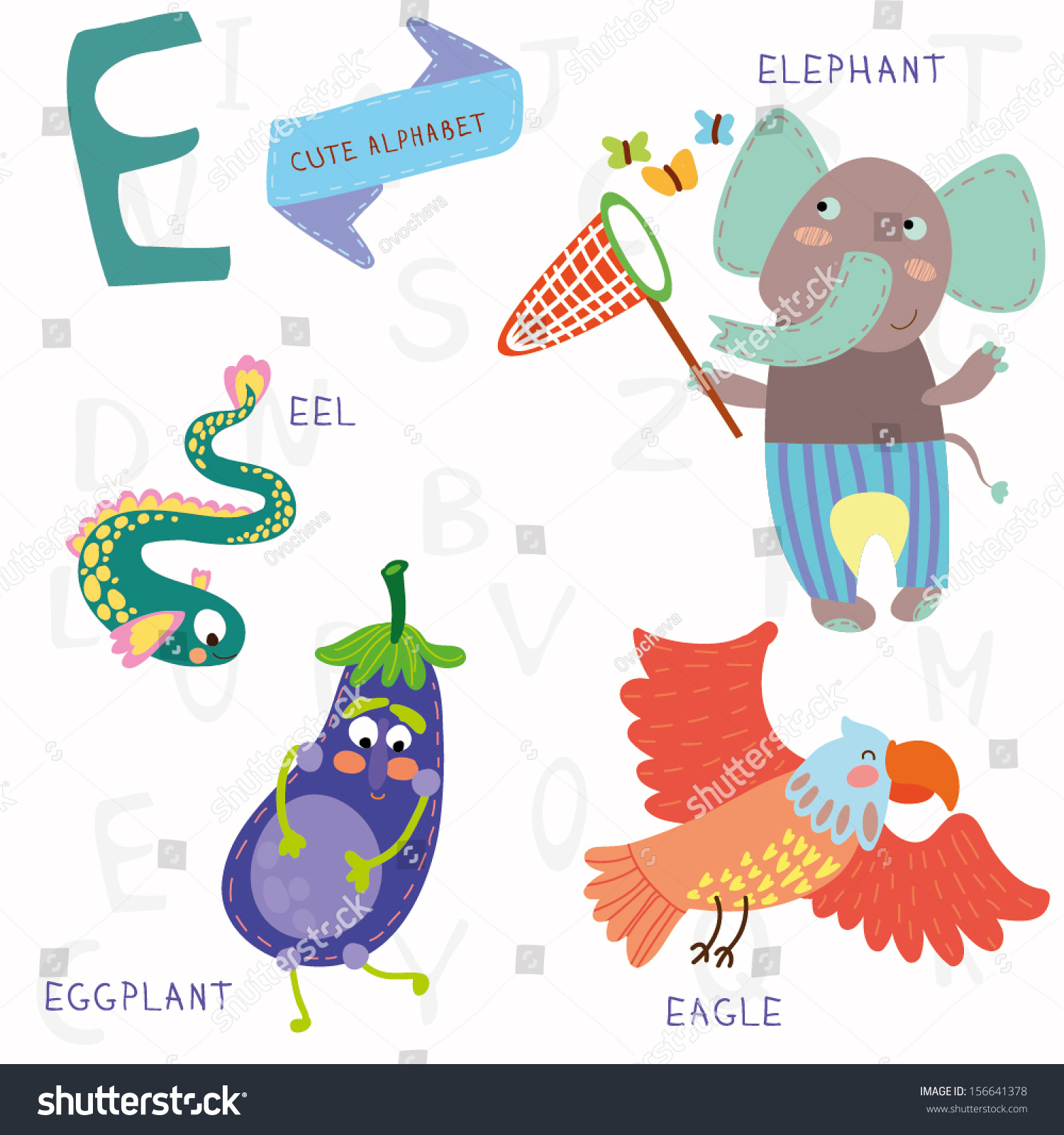 Very Cute Alphabet. E Letter. Elephant, Eagle, Eggplant, Eel. Alphabet ...