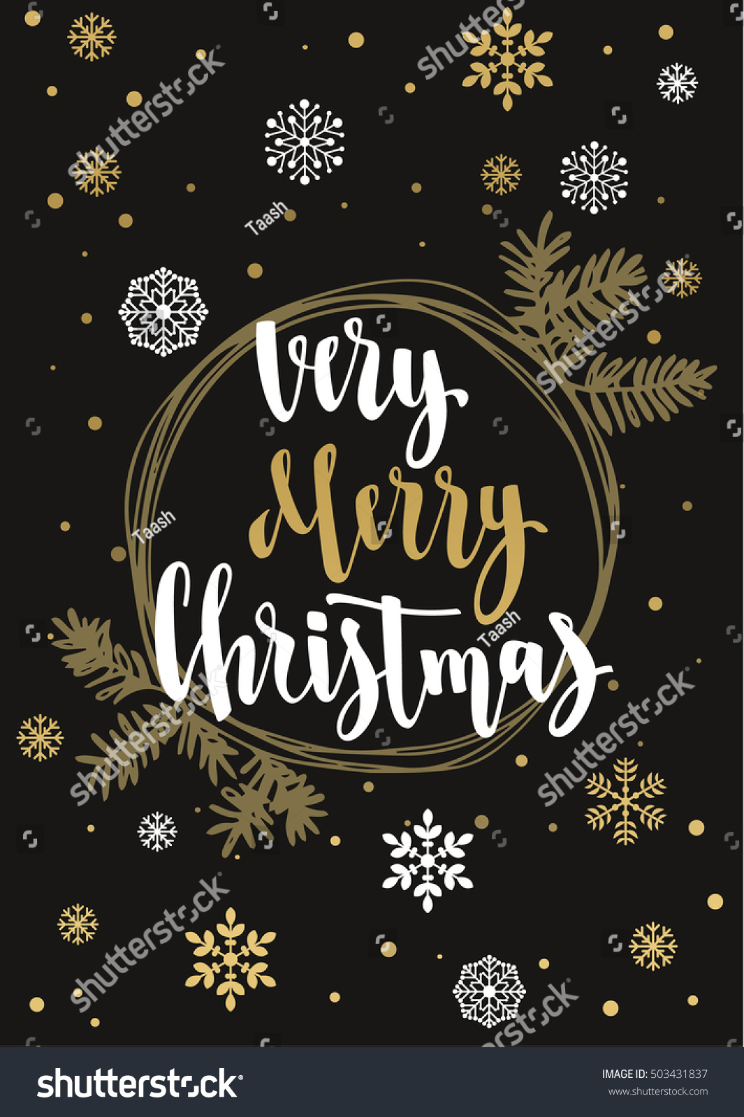 Very Merry Christmas Holiday greeting card with calligraphy and decorative elements Handwritten modern lettering