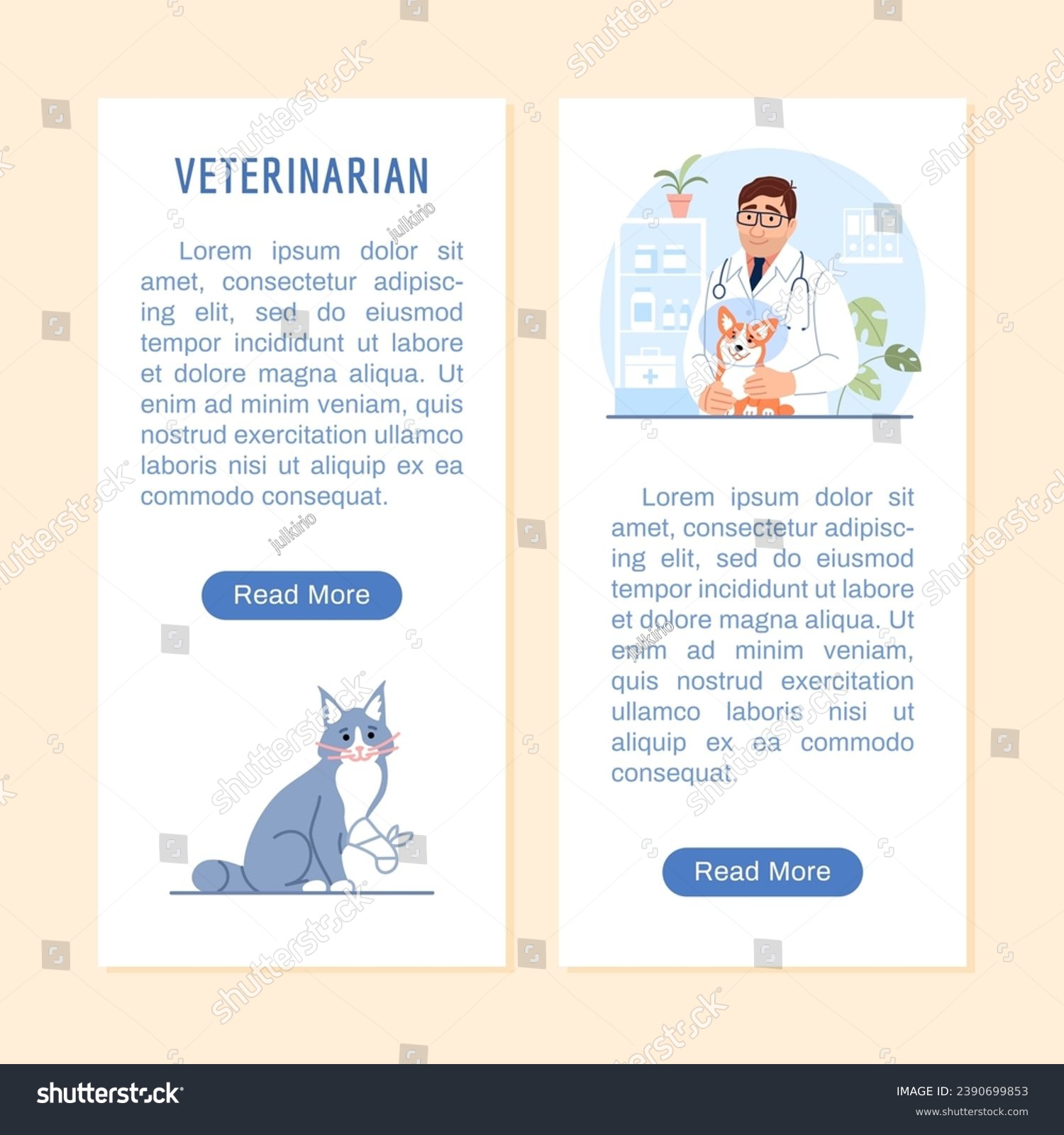 SVG of Vet clinic flyer or vertical banner with copy space, button, cat with a bandaged injured paw. Young veterinarian, Welsh corgi in protective cone on veterinary background. Flat line vector illustration svg