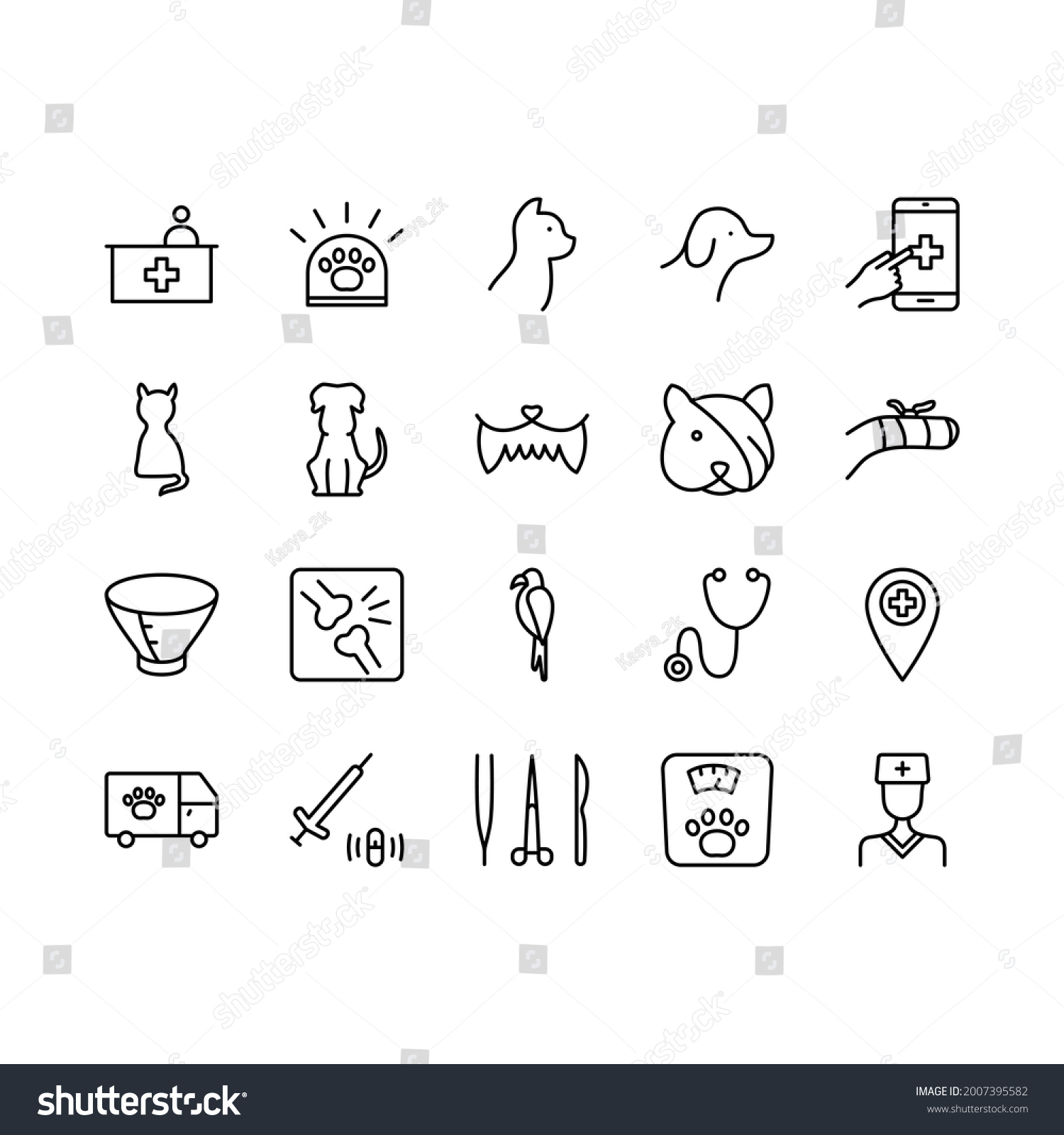 SVG of Veterinary clinic flat line icons set. Stethoscope, xray, broken leg, protective collar, injection, cleaning teeth. Simple flat vector illustration for clinic, web site or mobile app. Editable stroke. svg