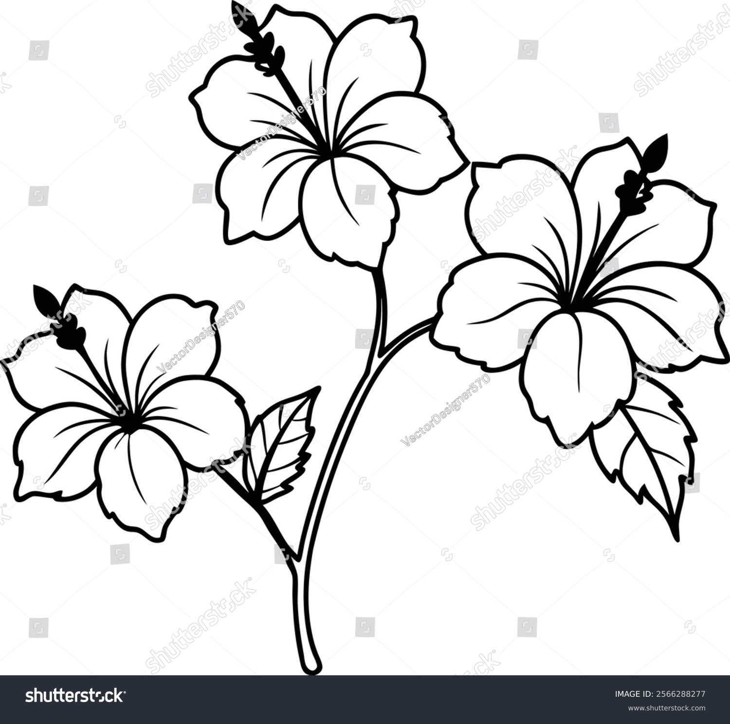 black and white hibiscus flowers on stem clip art preview
