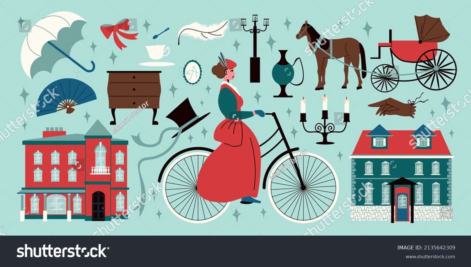 SVG of Victorian era big set of furniture architecture transport clothes accessories icons isolated vector illustration svg