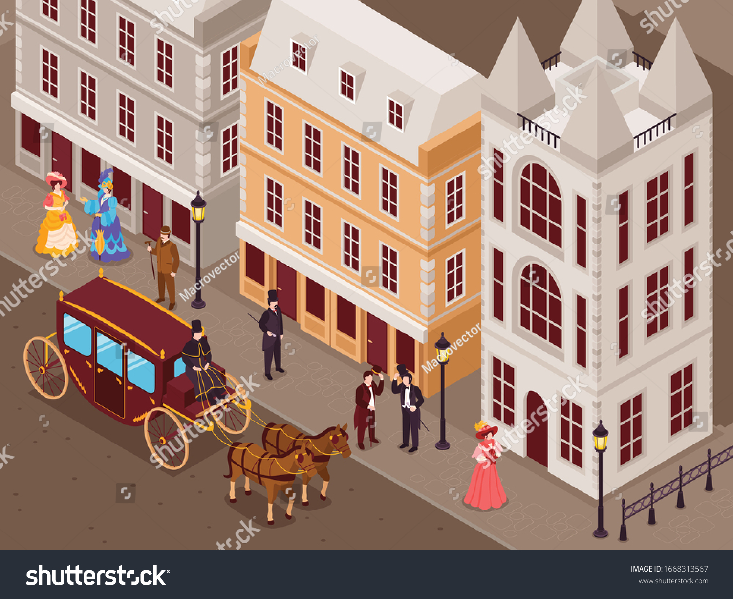 SVG of Victorian era street with city houses gentlemen ladies in fashionable crinoline skirts carriage isometric view vector illustration  svg