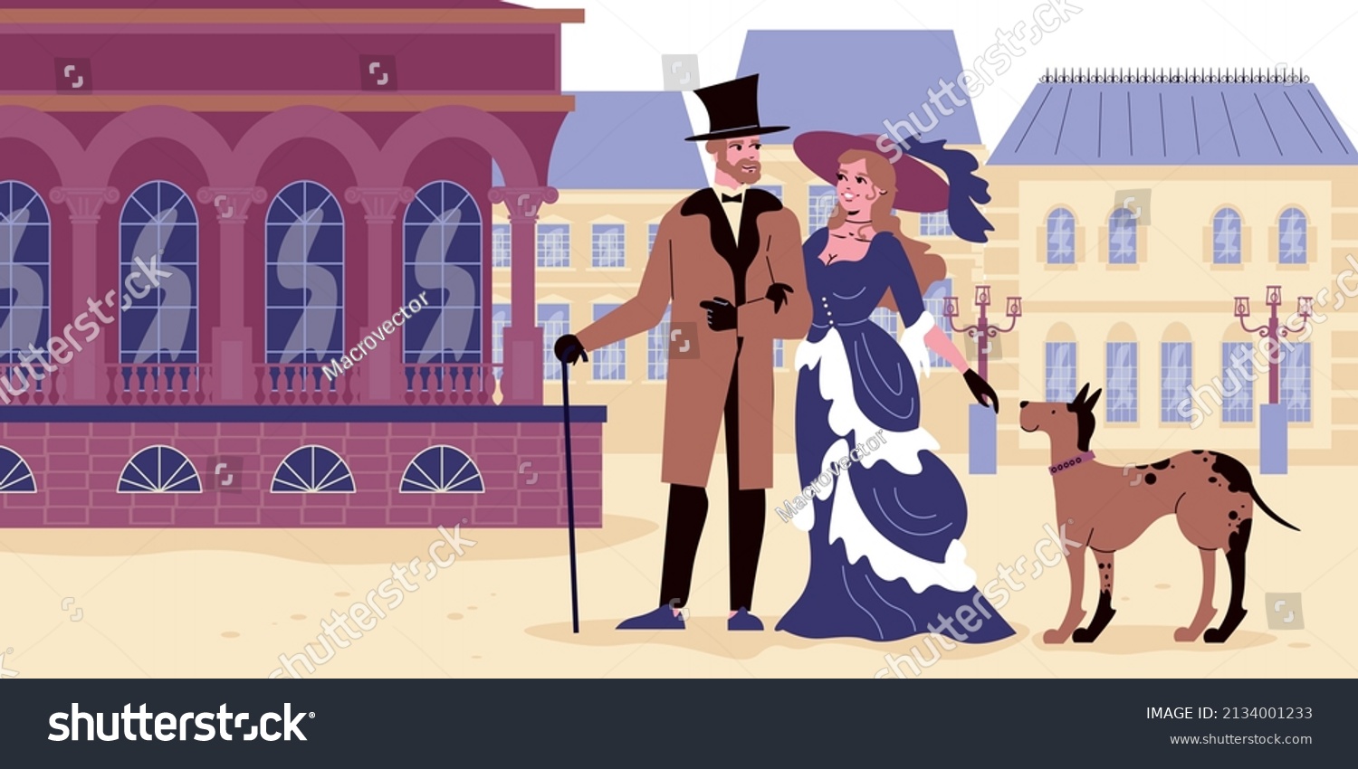SVG of Victorian flat illustration with lady and gentleman dressed in clothes of 18th century at old city buildings background vector illustration svg