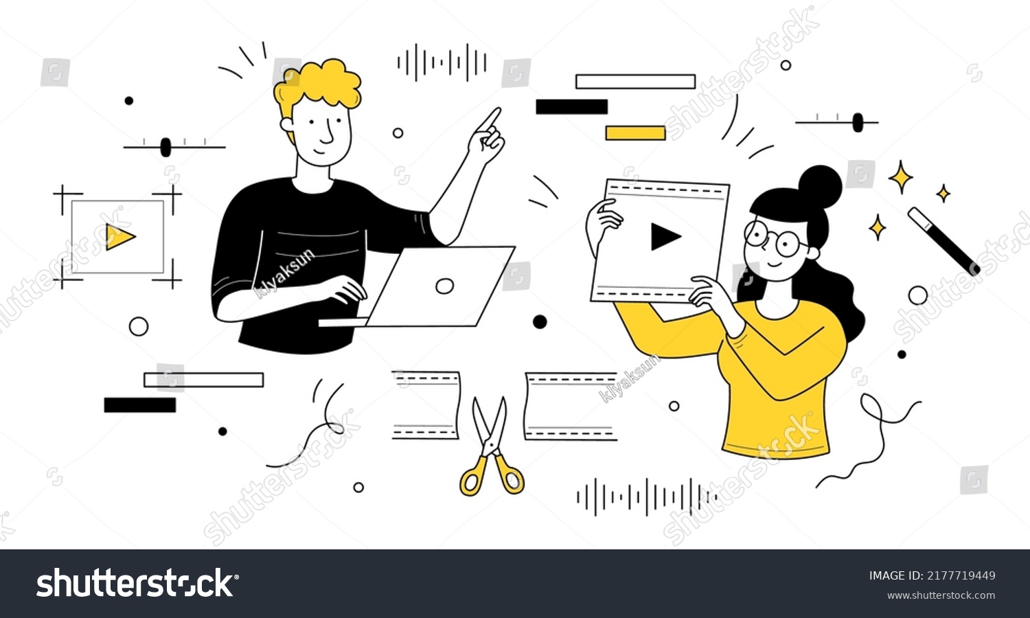 SVG of Video editing doodle concept. Motion designer or animator holding film in hands create animated movies or clips. Graphic studio service, multimedia and animation montage, Linear vector web banner svg